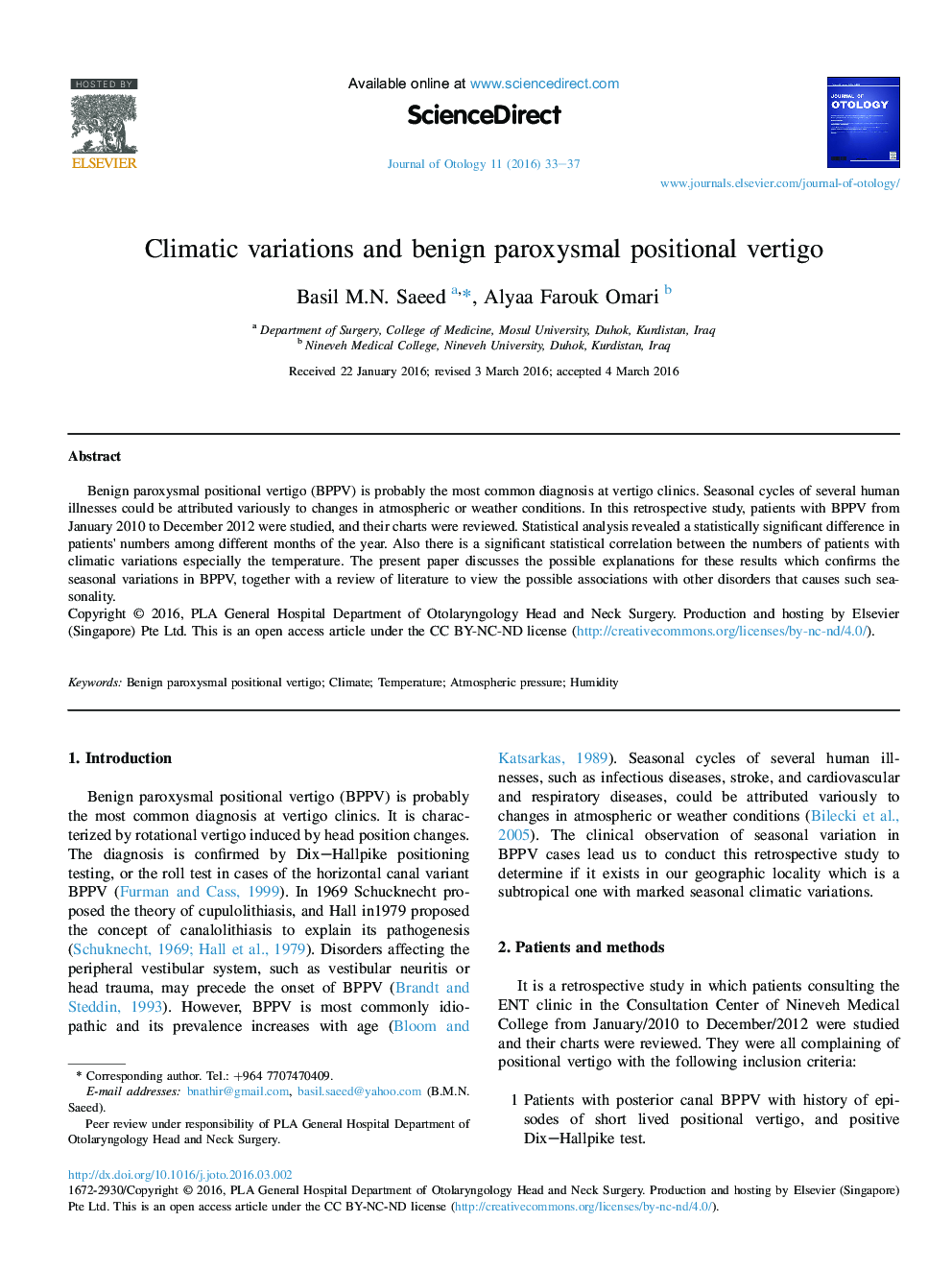 Climatic variations and benign paroxysmal positional vertigo 