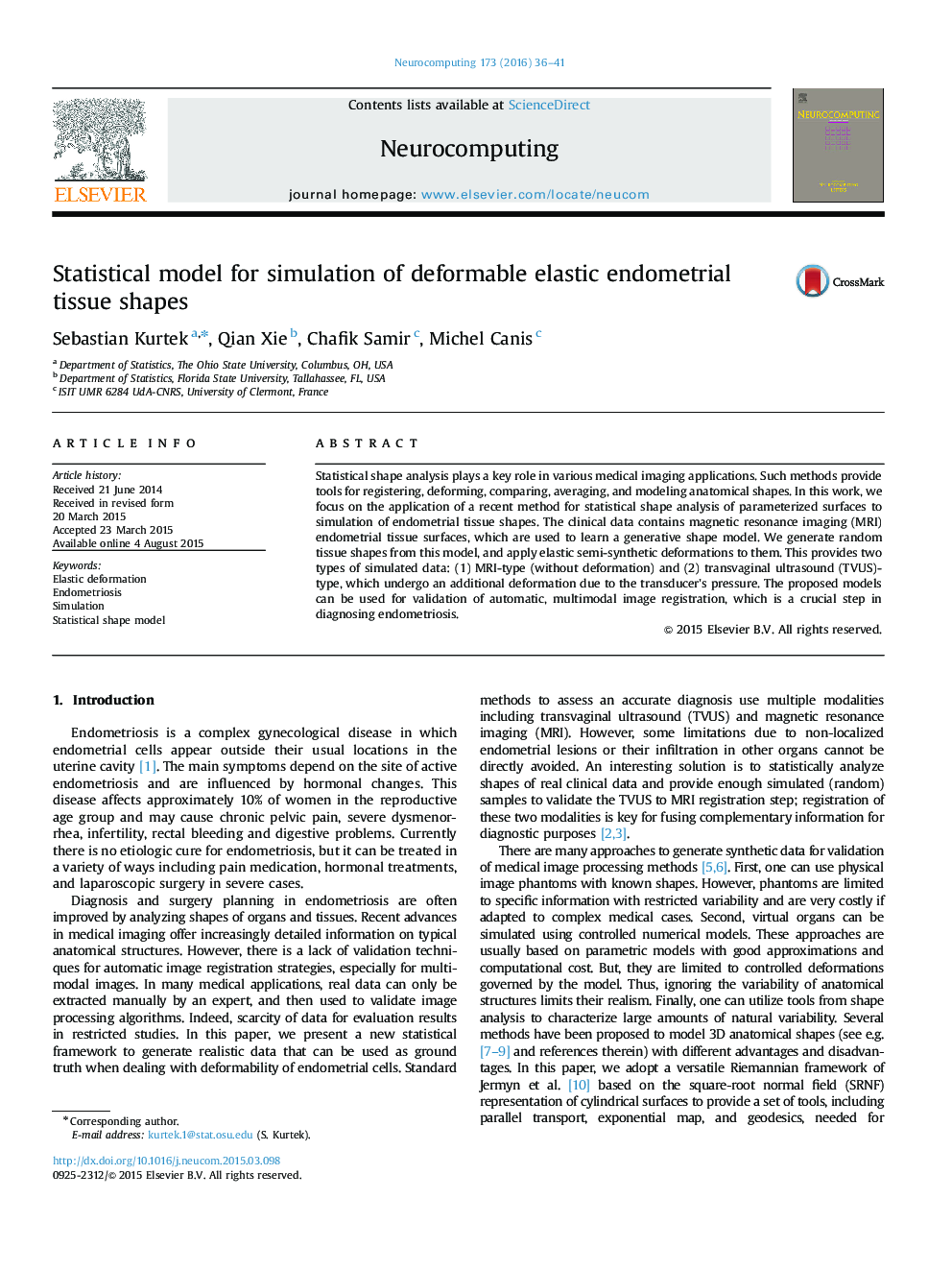 Statistical model for simulation of deformable elastic endometrial tissue shapes