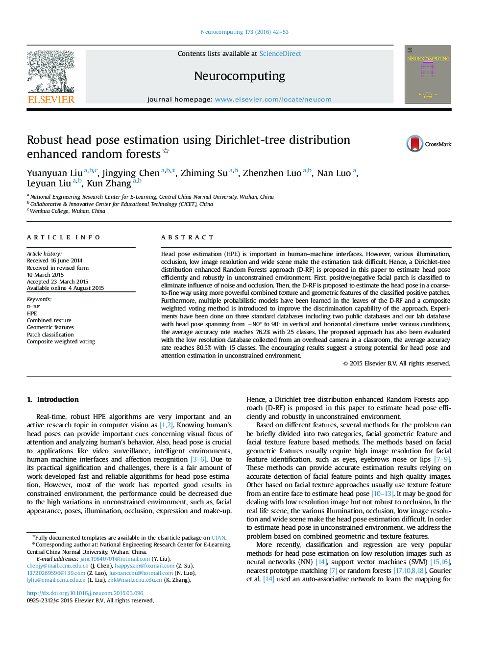 Robust head pose estimation using Dirichlet-tree distribution enhanced random forests 