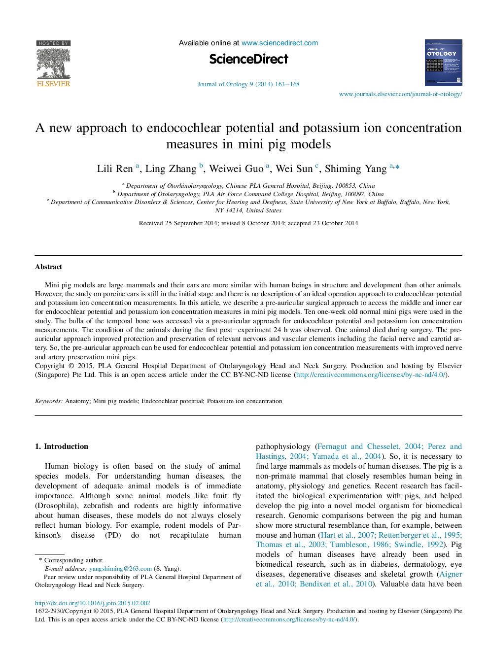 A new approach to endocochlear potential and potassium ion concentration measures in mini pig models 