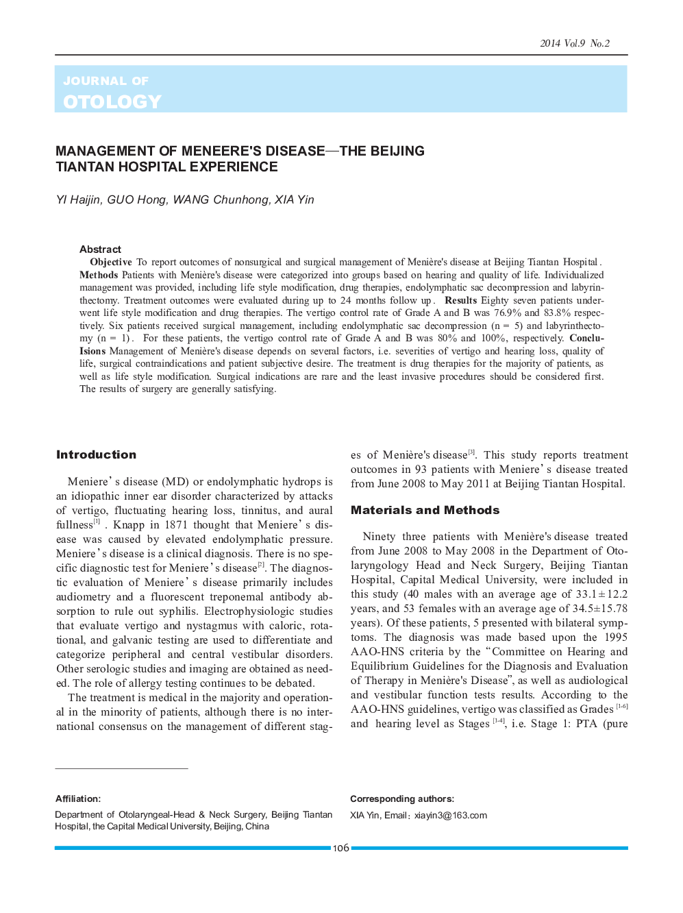 Management of Meneere's Disease—the Beijing Tiantan Hospital Experience