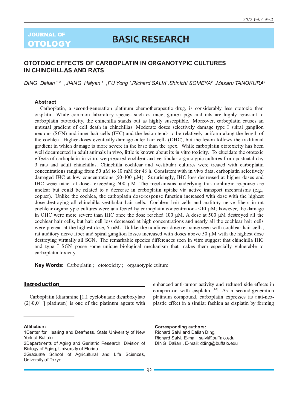 Ototoxic effects of carboplatin in organotypic cultures in chinchillas and rats