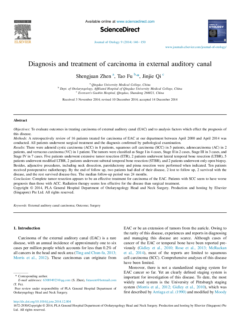 Diagnosis and treatment of carcinoma in external auditory canal 