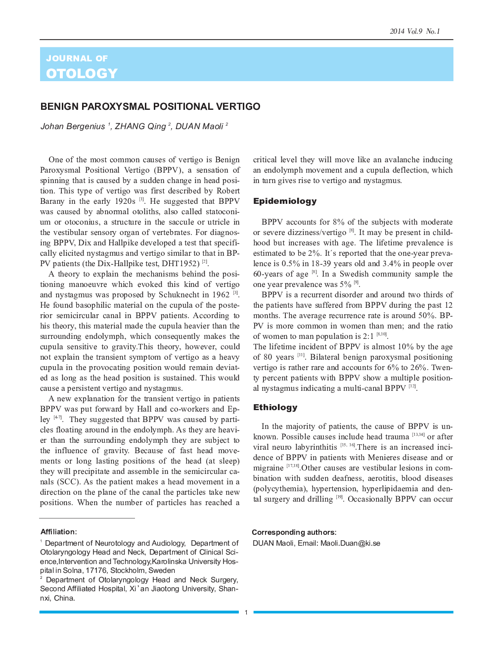 Benign Paroxysmal Positional Vertigo