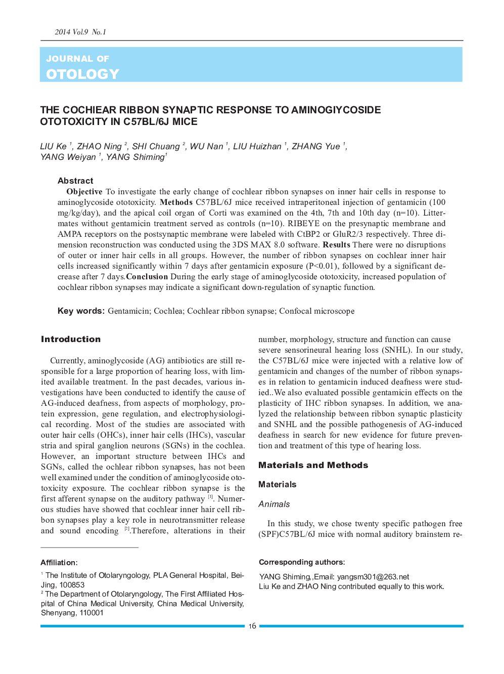 The Cochlear Ribbon Synaptic Response to Aminogiycoside Ototoxicity in C57BL/6J Mice