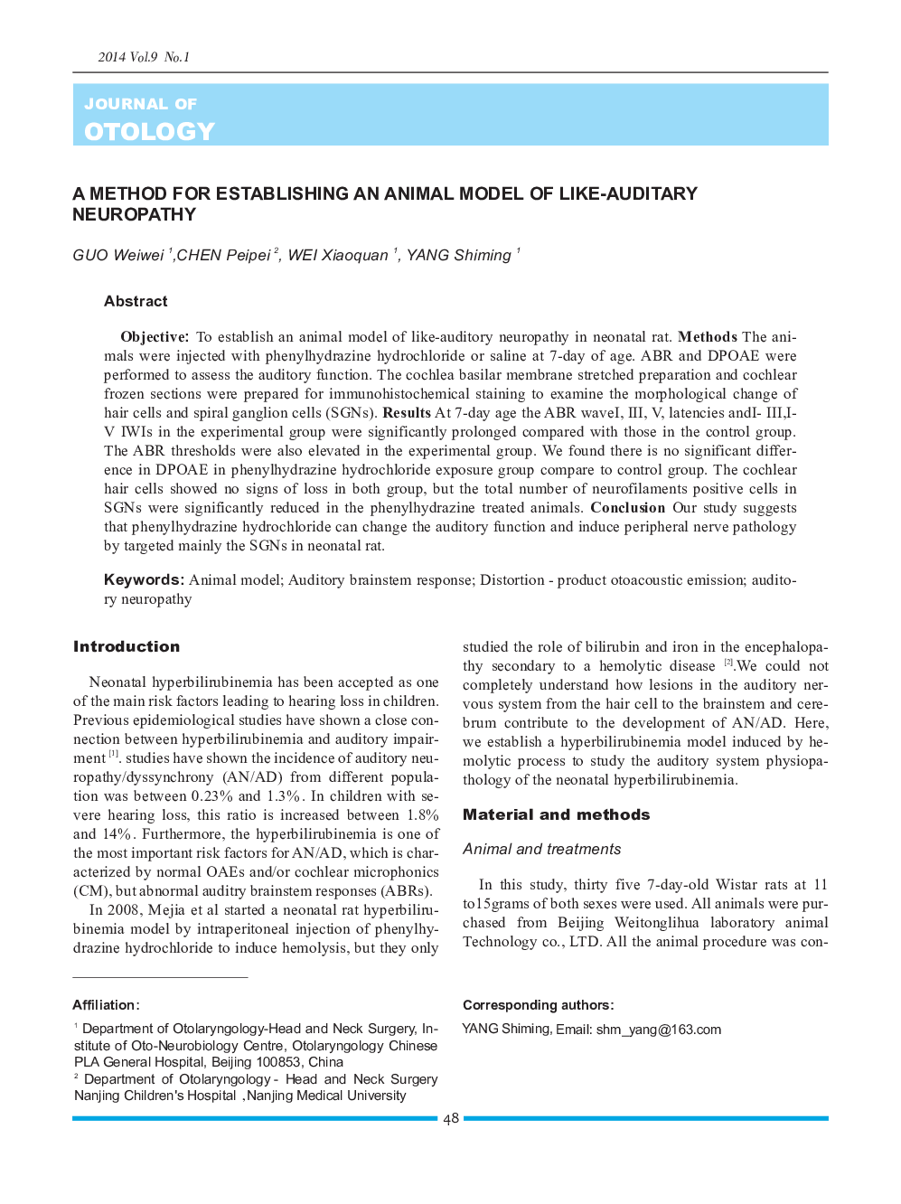 A Method for Establishing an Animal Model of Like-Auditary Neuropathy