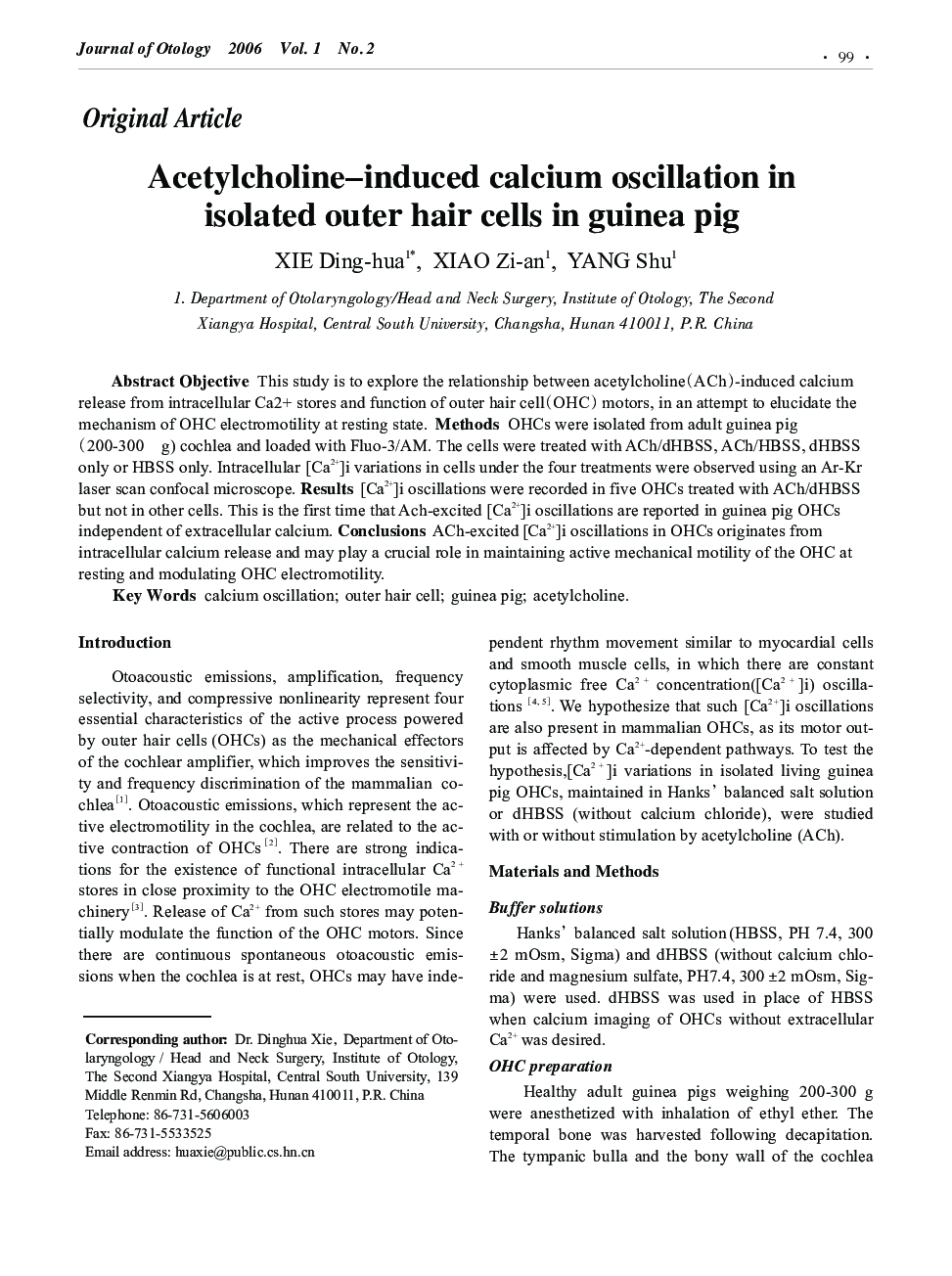 Acetylcholine–induced calcium oscillation in isolated outer hair cells in guinea pig