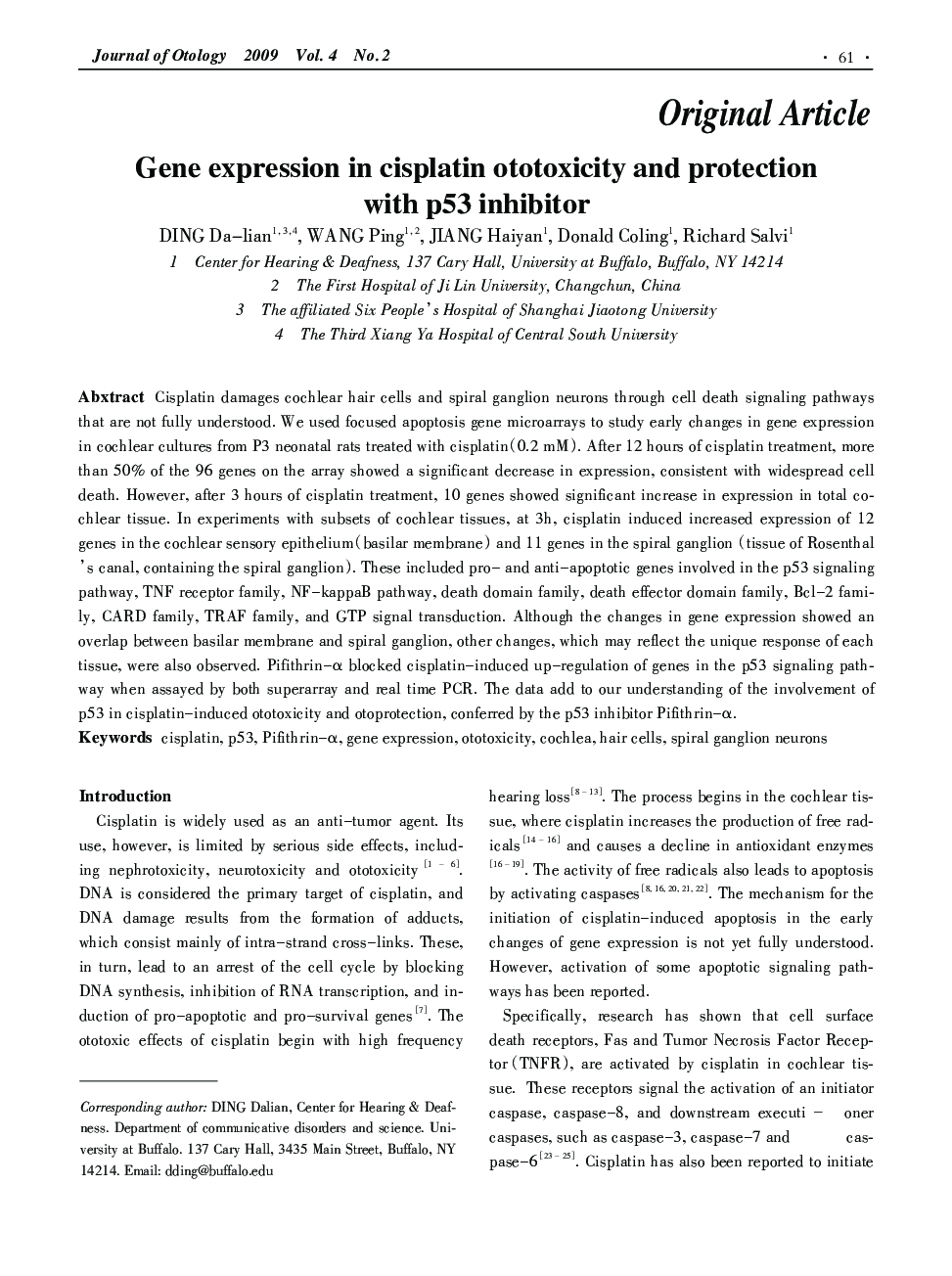 Gene expression in cisplatin ototoxicity and protection with p53 inhibitor