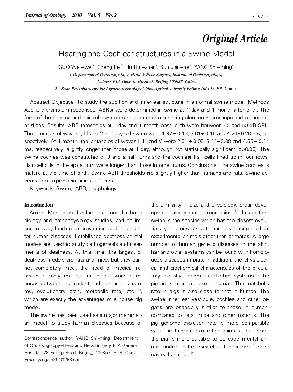 Hearing and Cochlear structures in a Swine Model