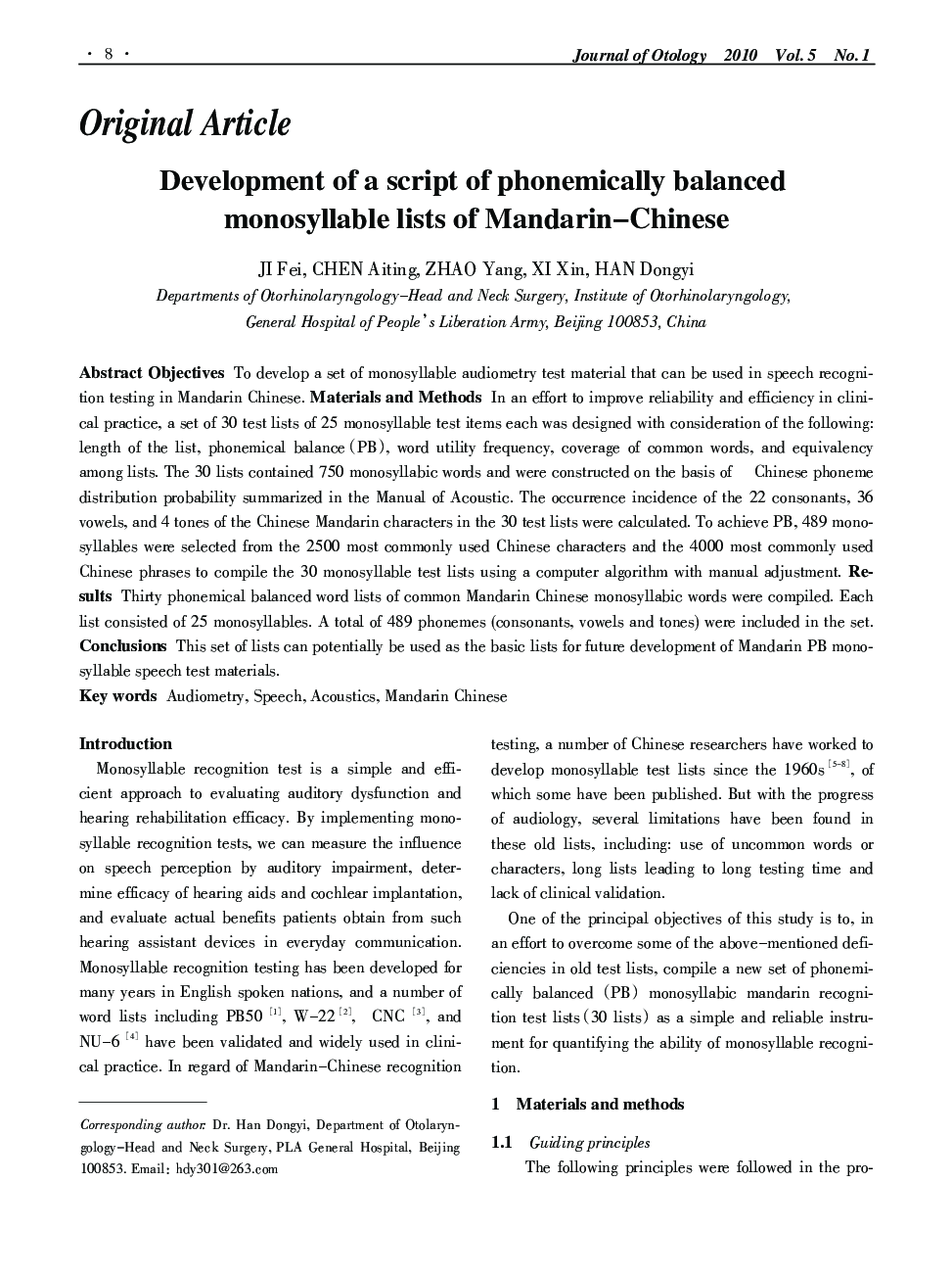 Development of a script of phonemically balanced monosyllable lists of Mandarin–Chinese