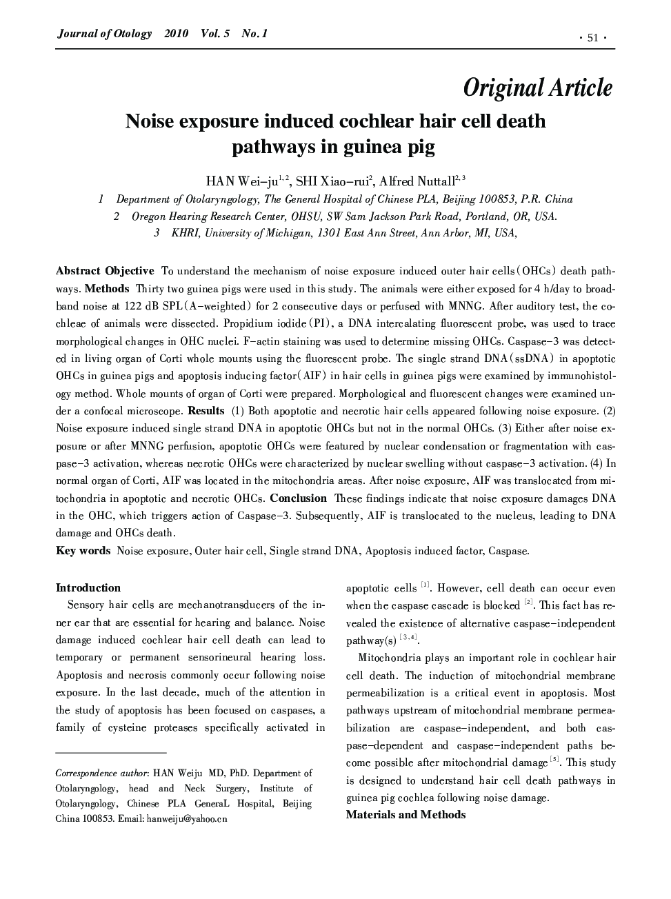 Noise exposure induced cochlear hair cell death pathways in guinea pig