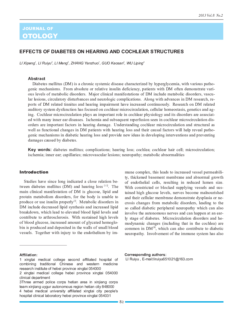 Effects of Diabetes on Hearing and Cochlear Structures