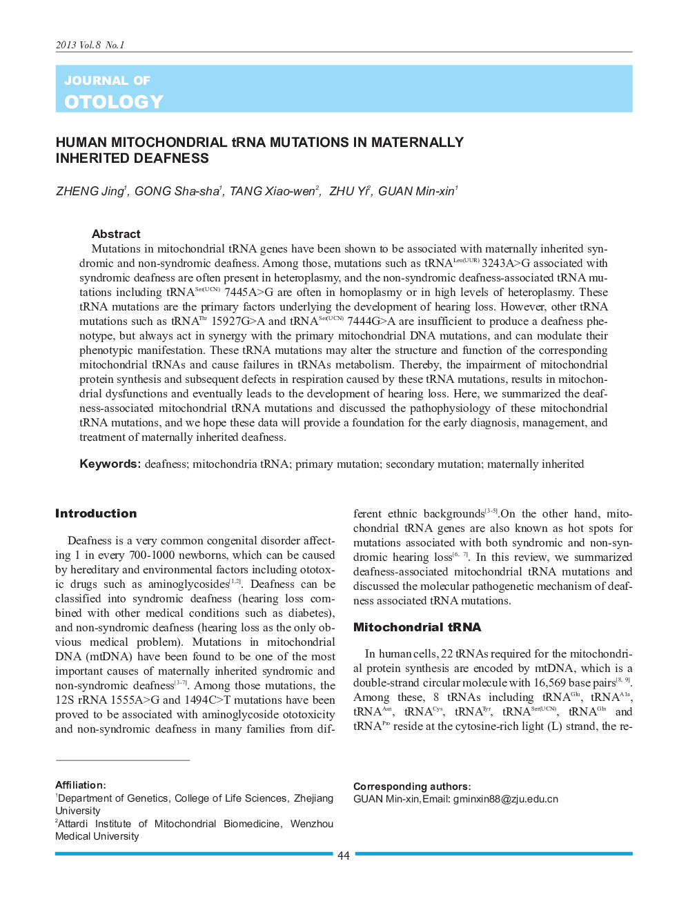 Human Mitochondrial tRNA Mutations in Maternally Inherited Deafness