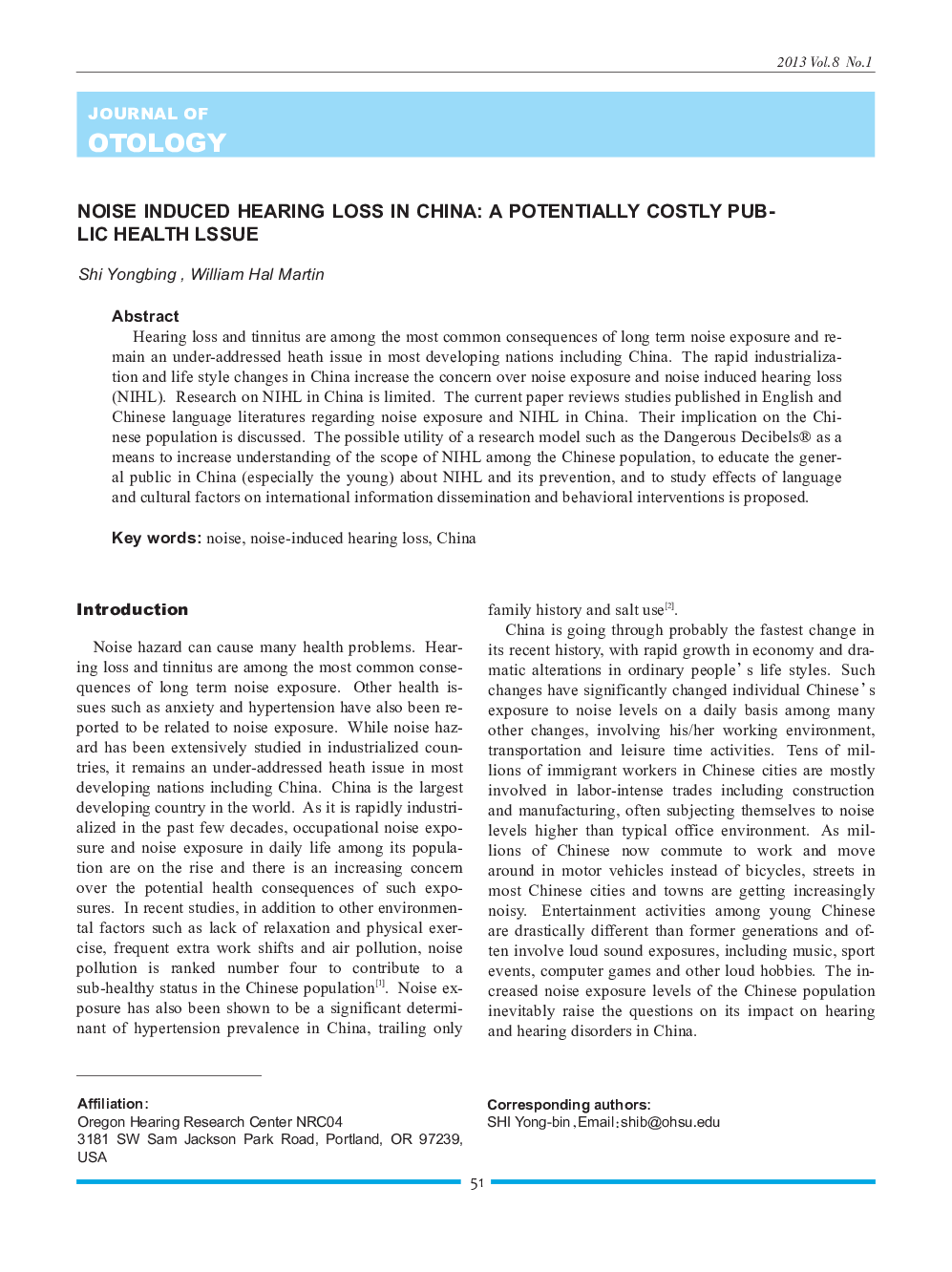 Noise Induced Hearing Loss in China: A Potentially Costly Public Health Lssue