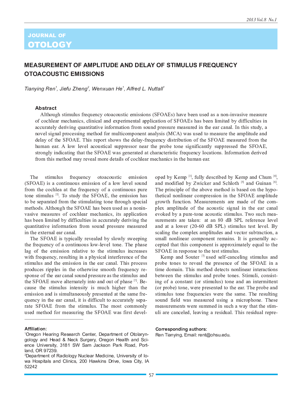 Measurement of Amplitude and Delay of Stimulus Frequency Otoacoustic Emissions