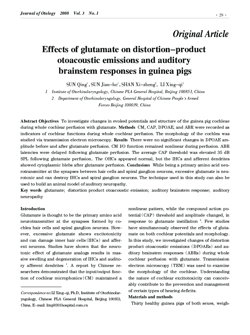 Effects of glutamate on distortion–product otoacoustic emissions and auditory brainstem responses in guinea pigs