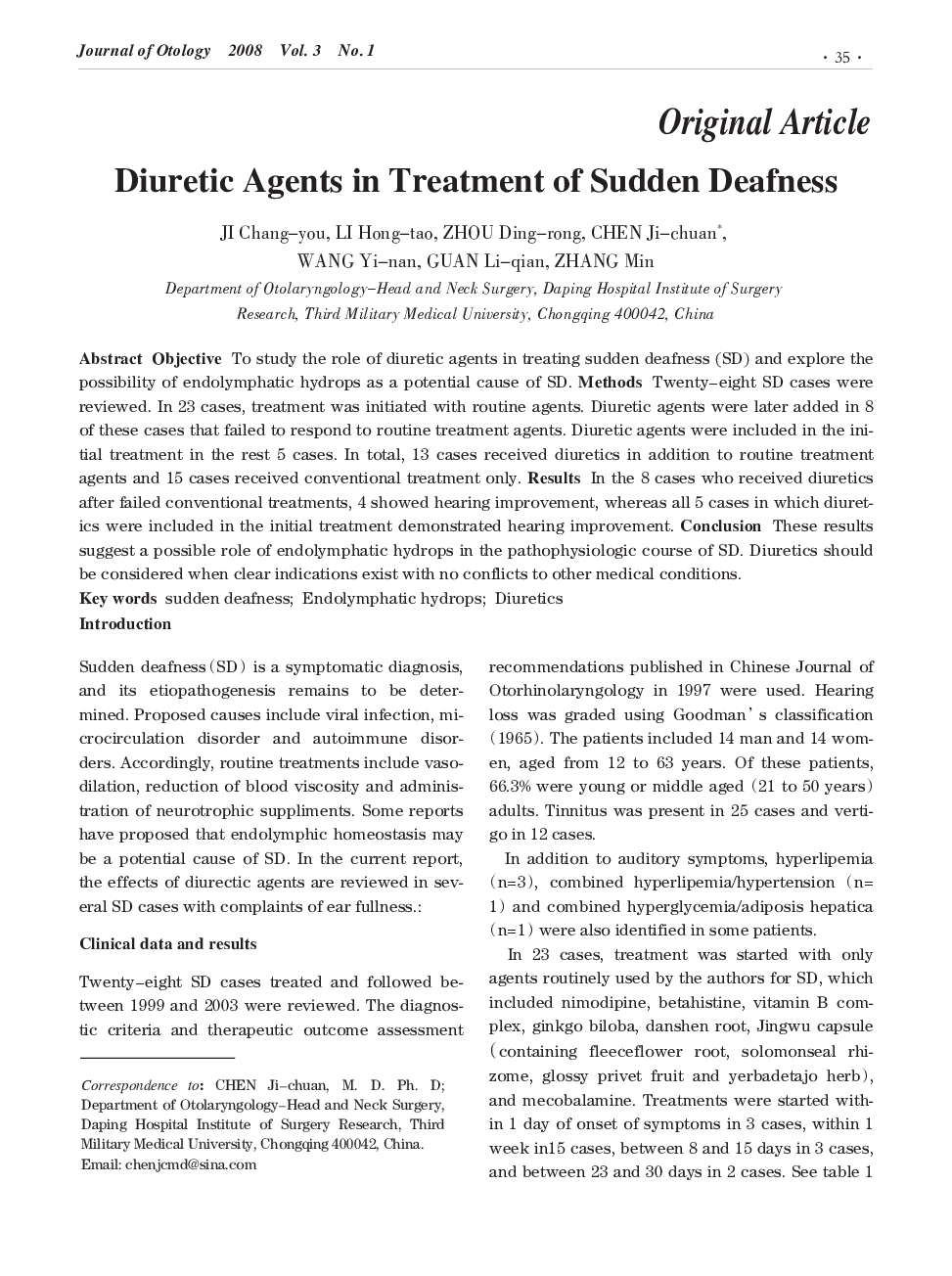 Diuretic Agents in Treatment of Sudden Deafness