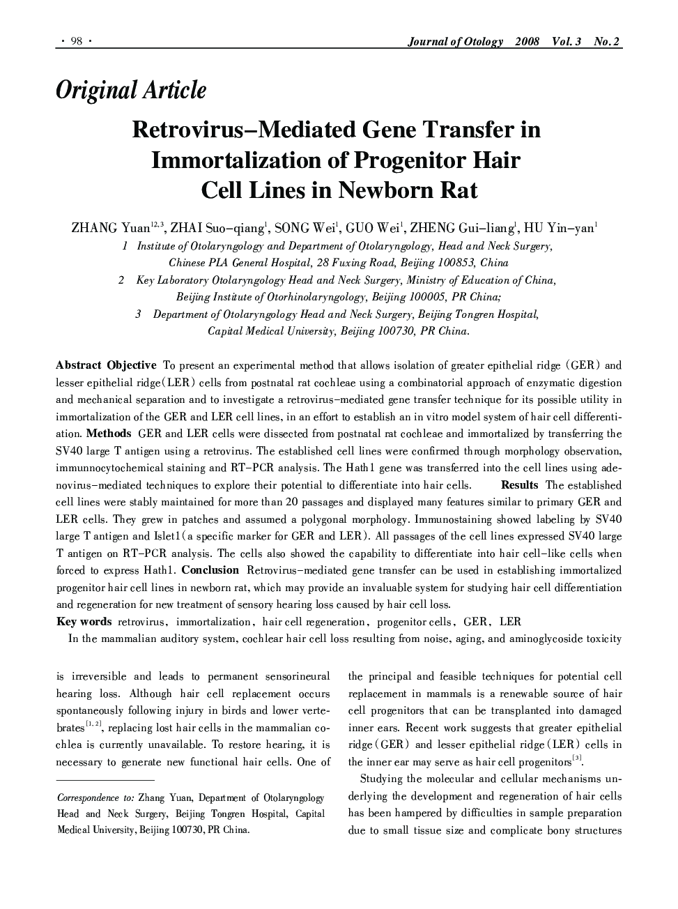 Retrovirus–Mediated Gene Transfer in Immortalization of Progenitor Hair Cell Lines in Newborn Rat