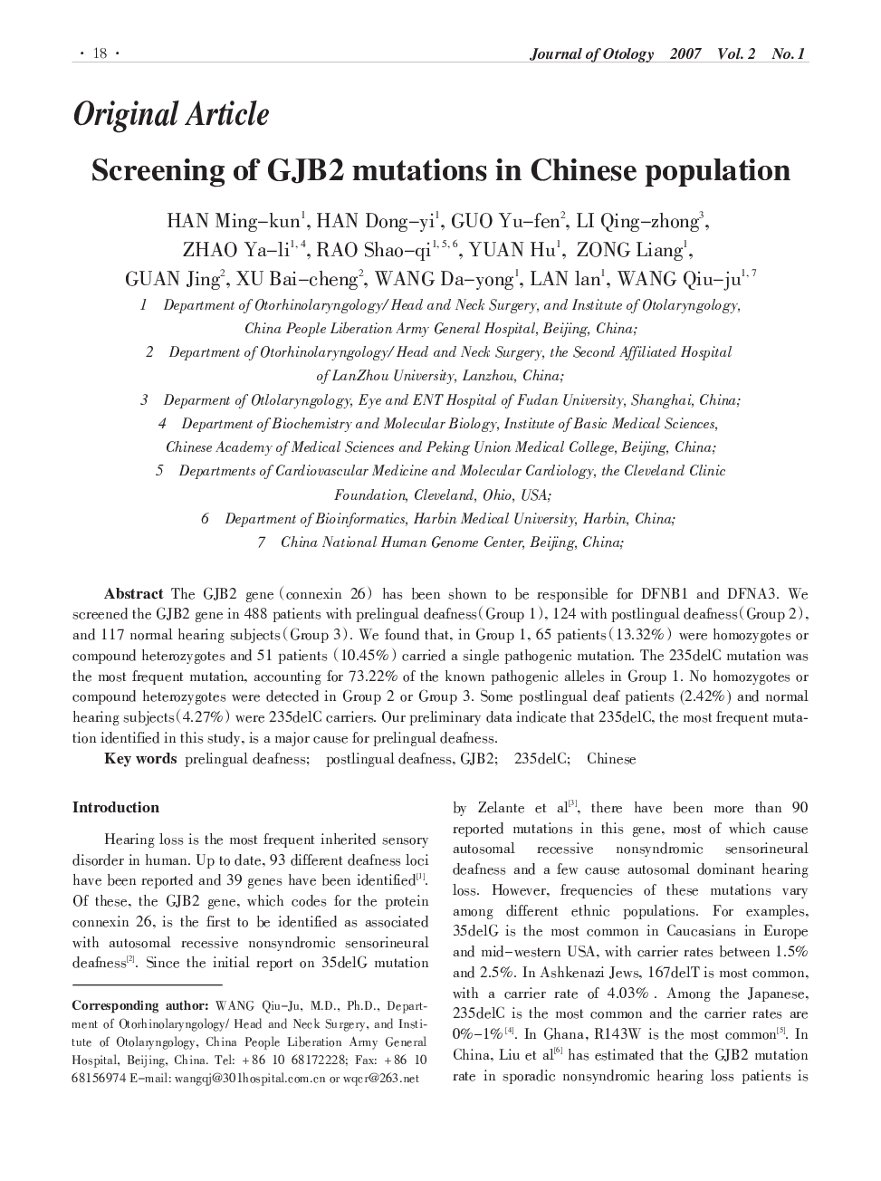 Screening of GJB2 mutations in Chinese population