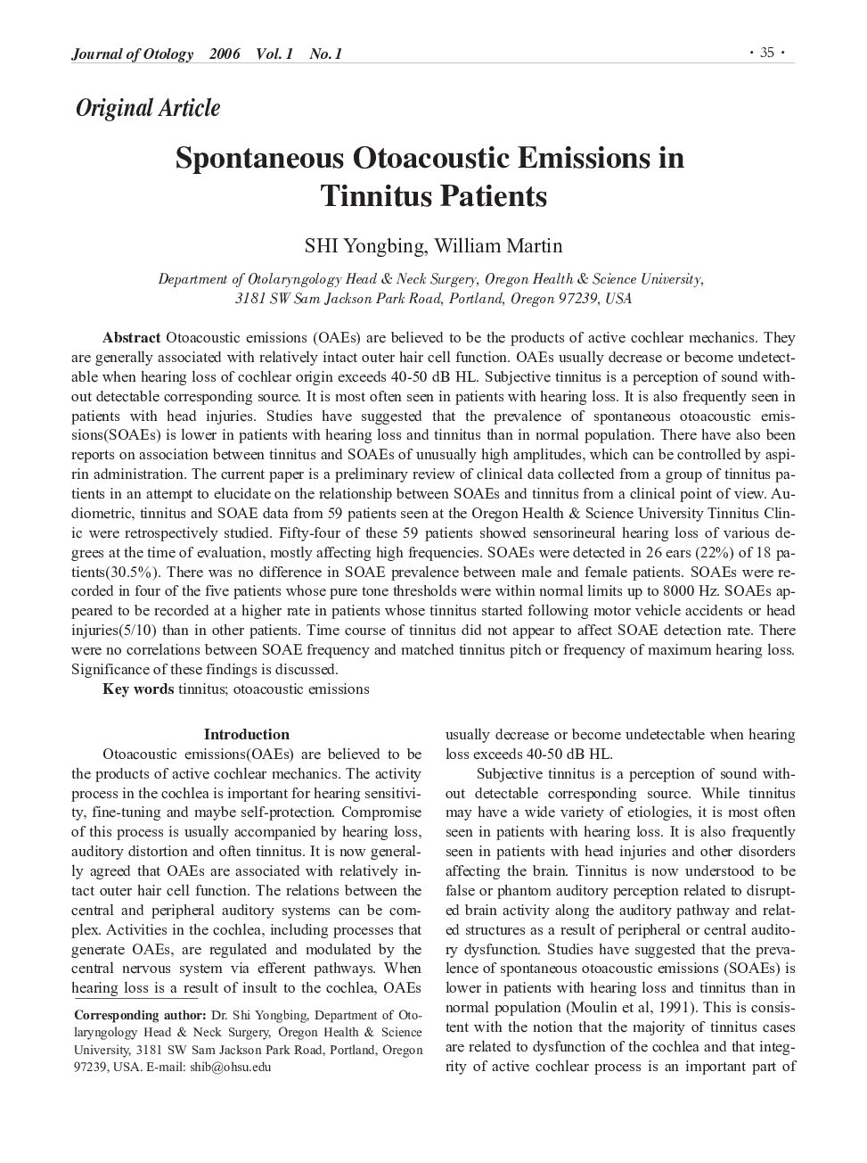 Spontaneous Otoacoustic Emissions in Tinnitus Patients