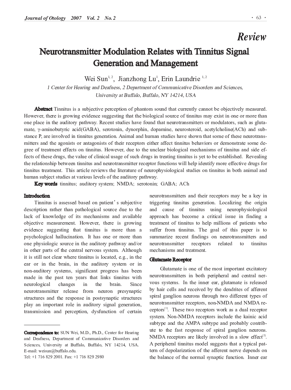 Neurotransmitter Modulation Relates with Tinnitus Signal Generation and Management