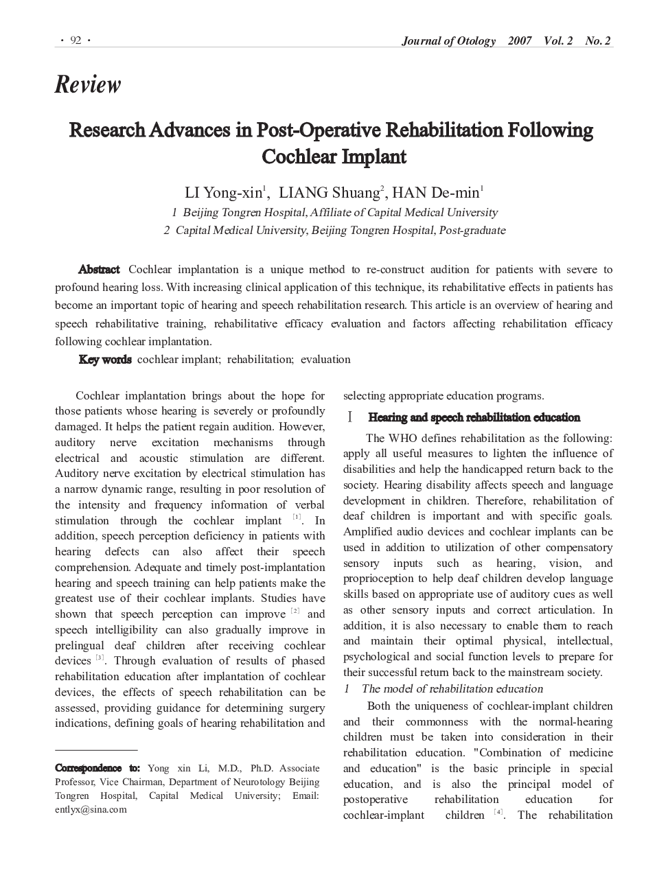 Research Advances in Post-Operative Rehabilitation Following Cochlear Implant