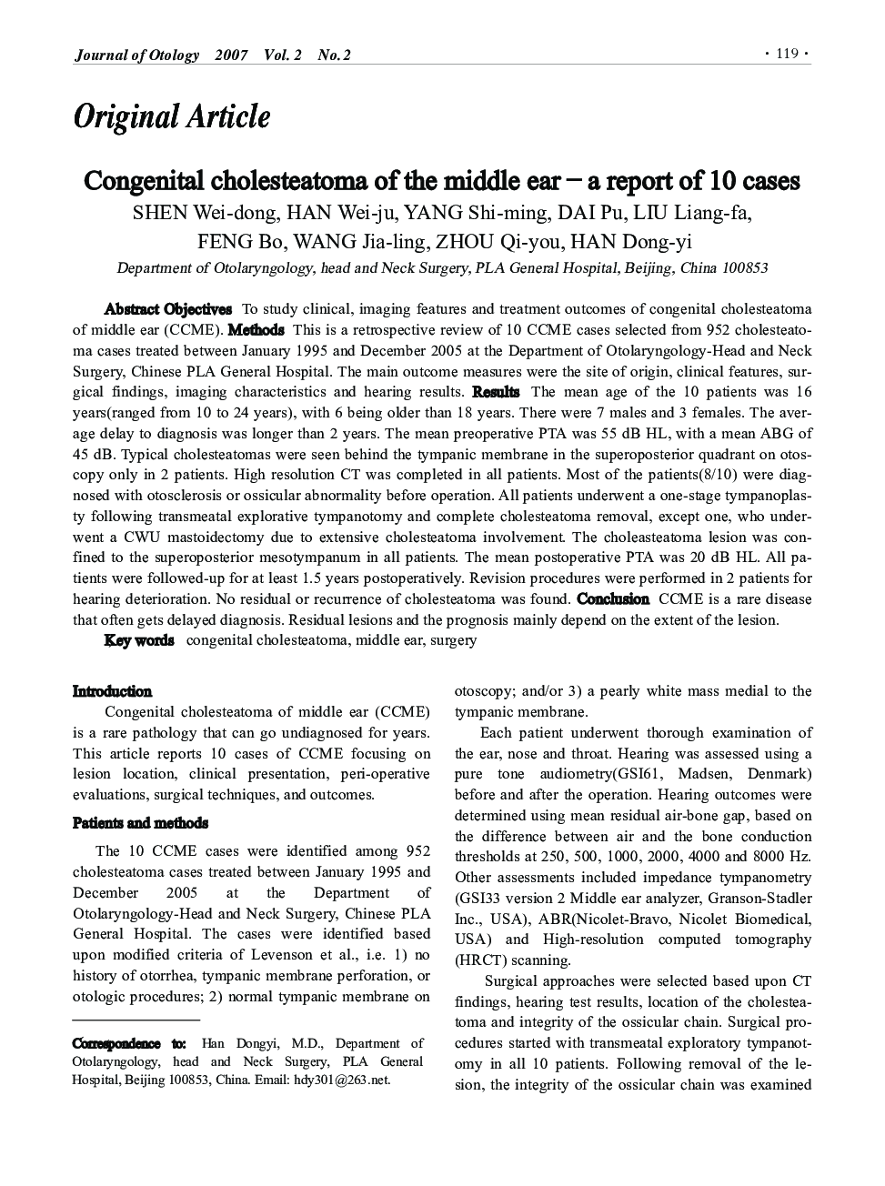 Congenital cholesteatoma of the middle ear – a report of 10 cases