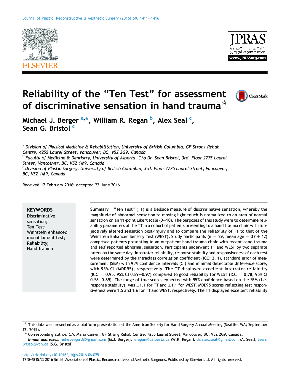 Reliability of the “Ten Test” for assessment of discriminative sensation in hand trauma 