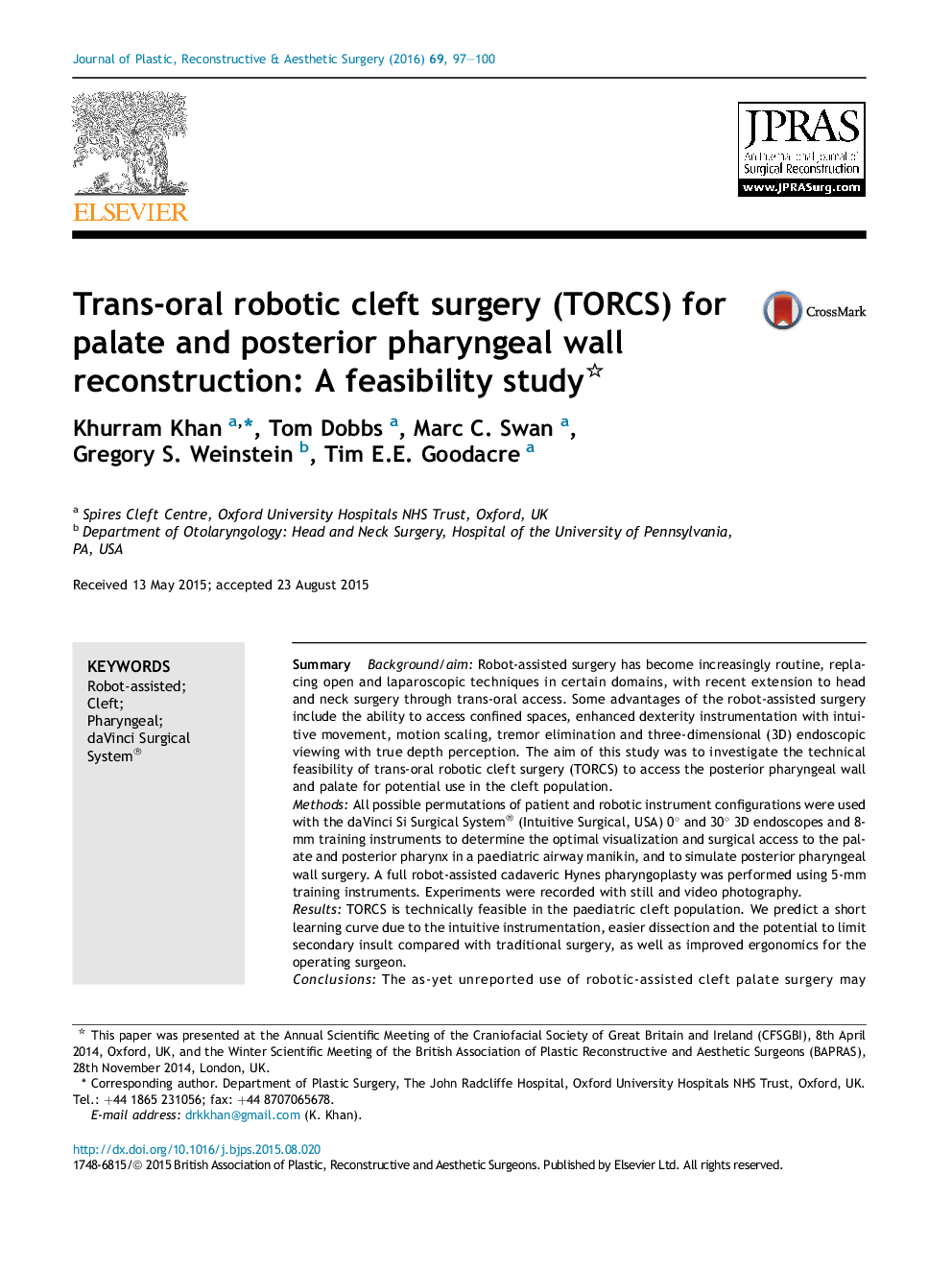 Trans-oral robotic cleft surgery (TORCS) for palate and posterior pharyngeal wall reconstruction: A feasibility study 