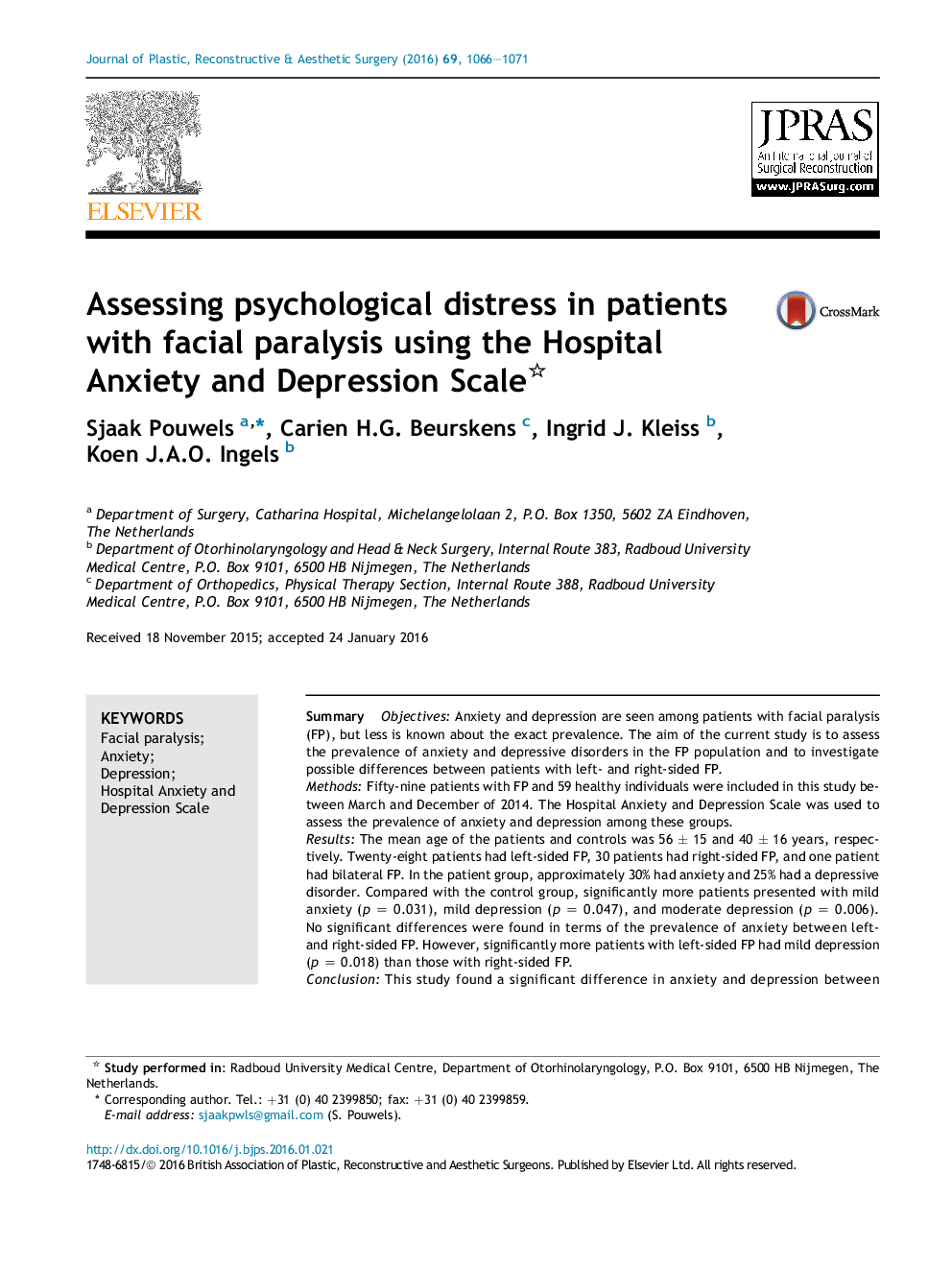 Assessing psychological distress in patients with facial paralysis using the Hospital Anxiety and Depression Scale 