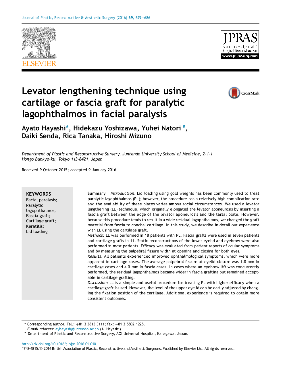 Levator lengthening technique using cartilage or fascia graft for paralytic lagophthalmos in facial paralysis