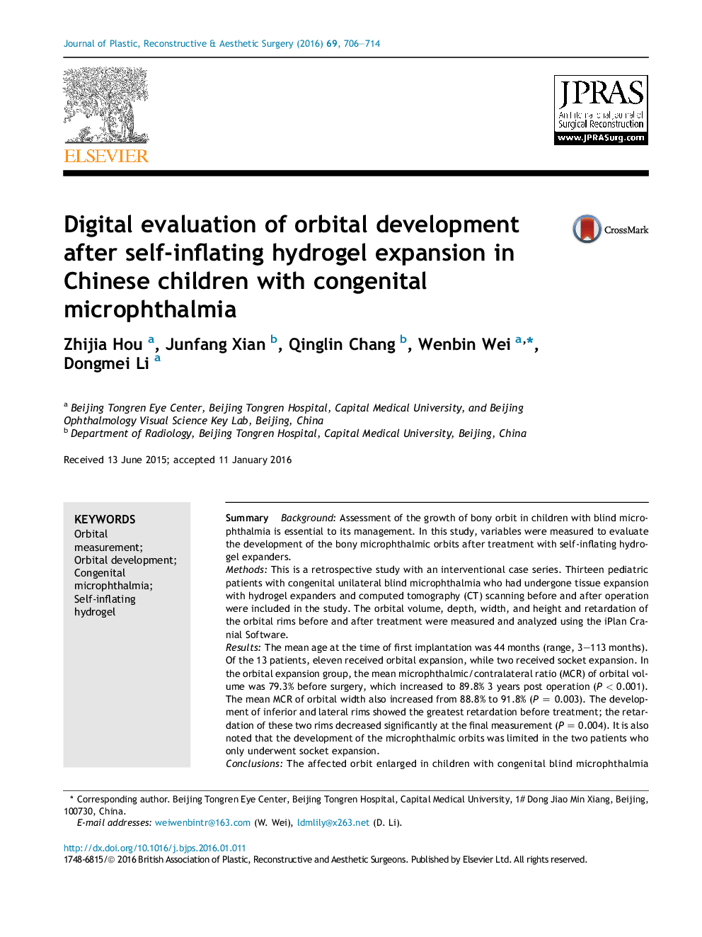 Digital evaluation of orbital development after self-inflating hydrogel expansion in Chinese children with congenital microphthalmia