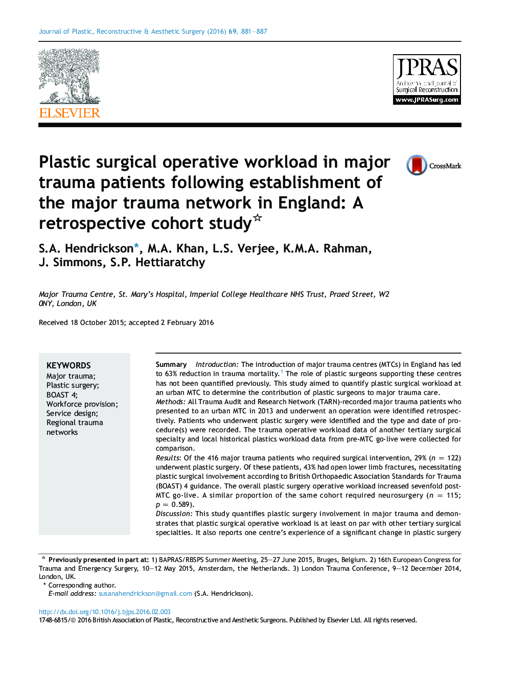 Plastic surgical operative workload in major trauma patients following establishment of the major trauma network in England: A retrospective cohort study 