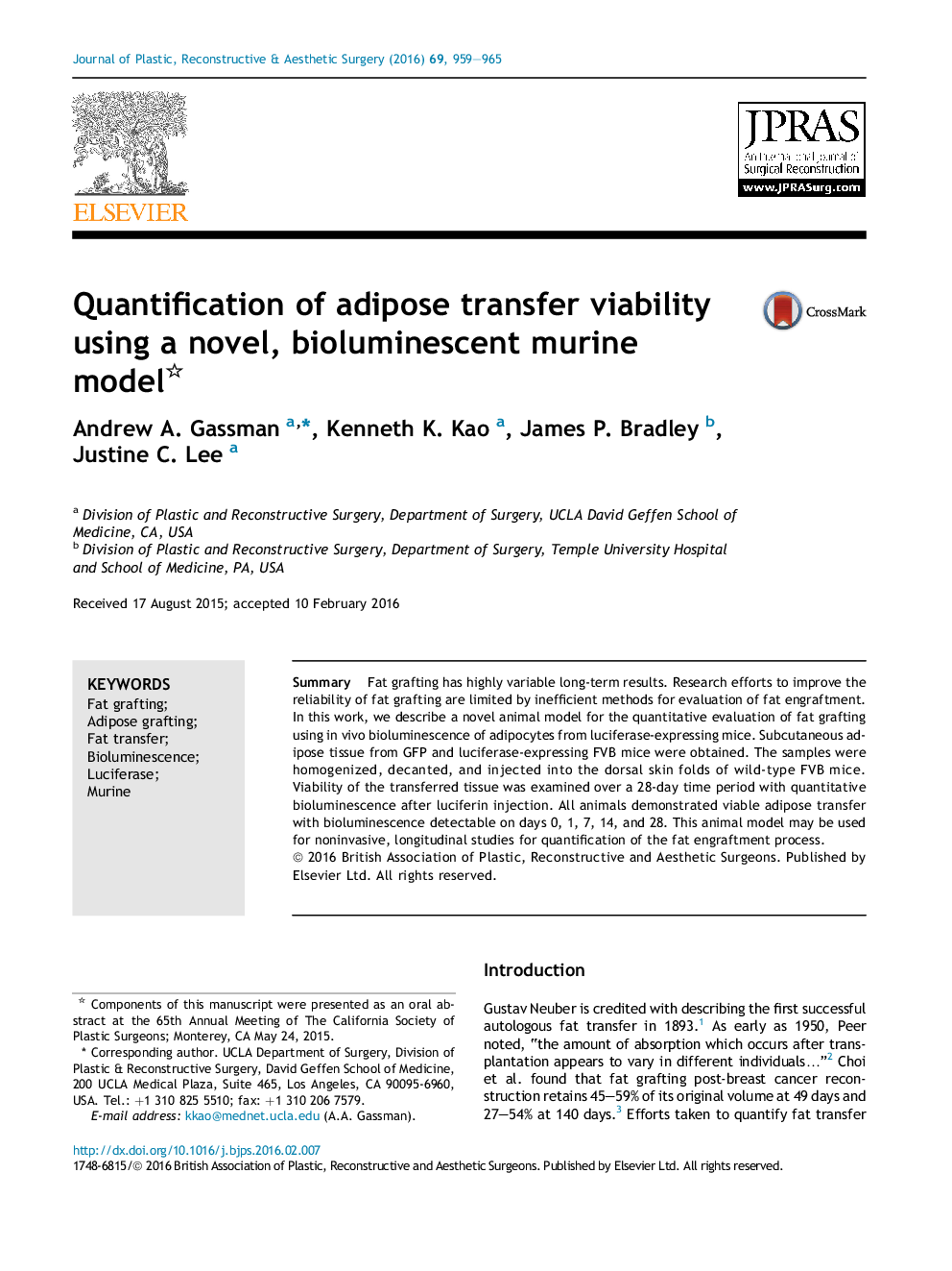 Quantification of adipose transfer viability using a novel, bioluminescent murine model 