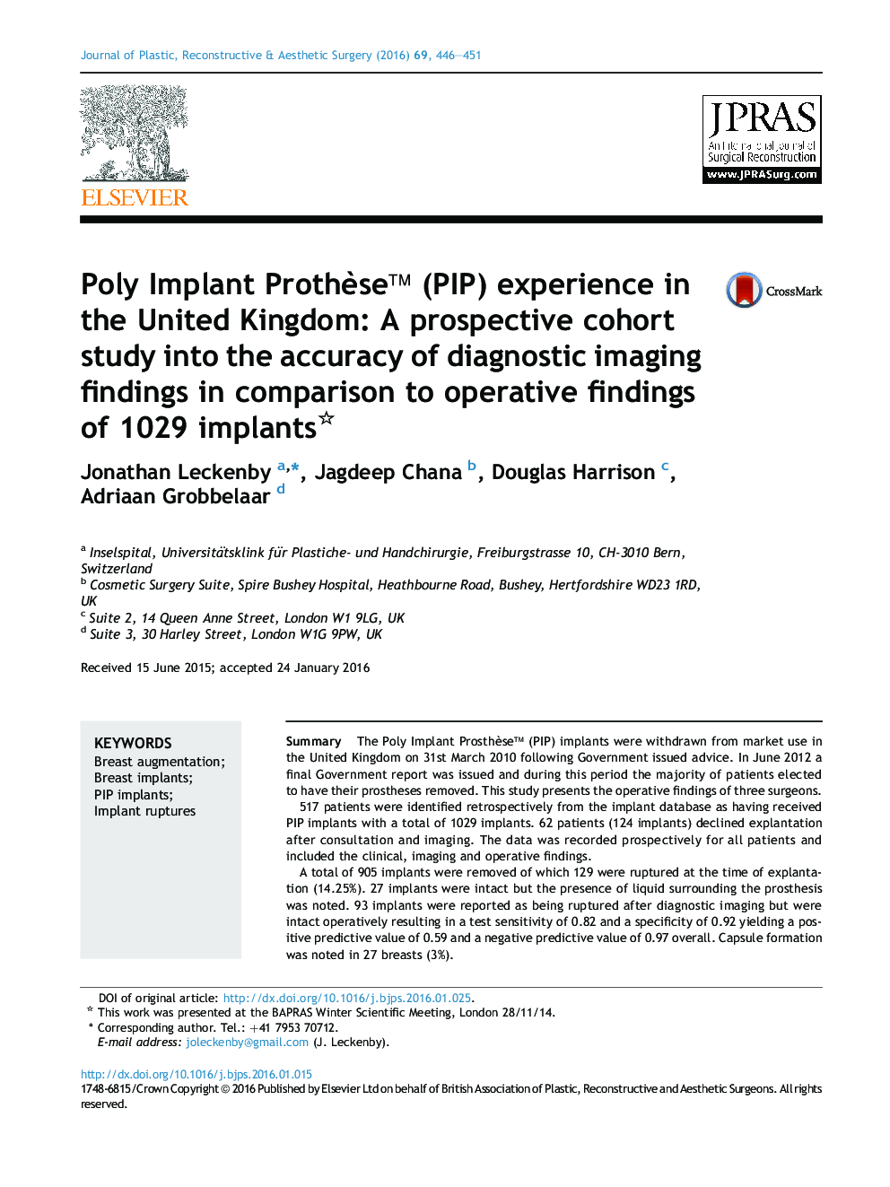 Poly Implant Prothèse™ (PIP) experience in the United Kingdom: A prospective cohort study into the accuracy of diagnostic imaging findings in comparison to operative findings of 1029 implants 