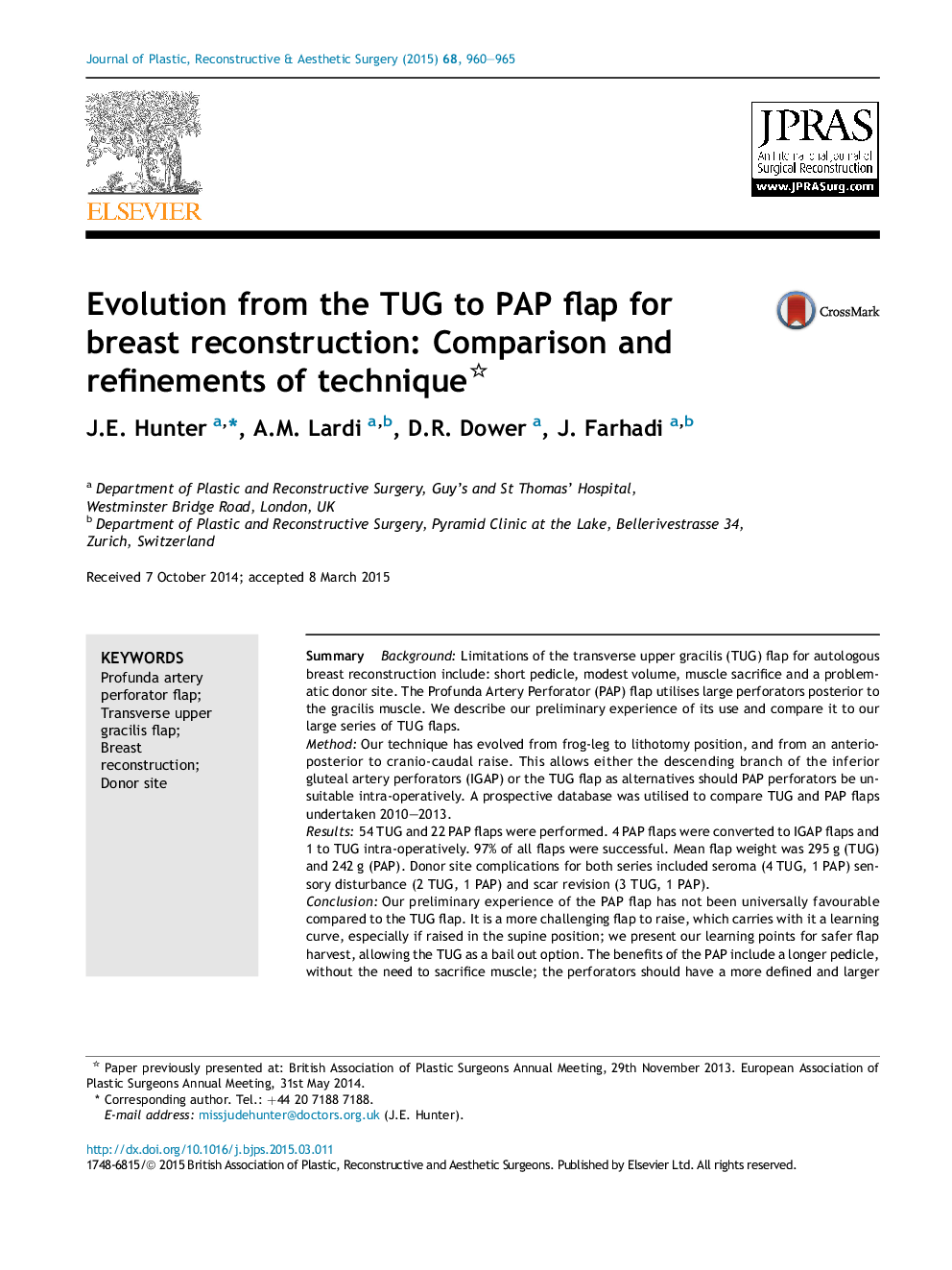 Evolution from the TUG to PAP flap for breast reconstruction: Comparison and refinements of technique 