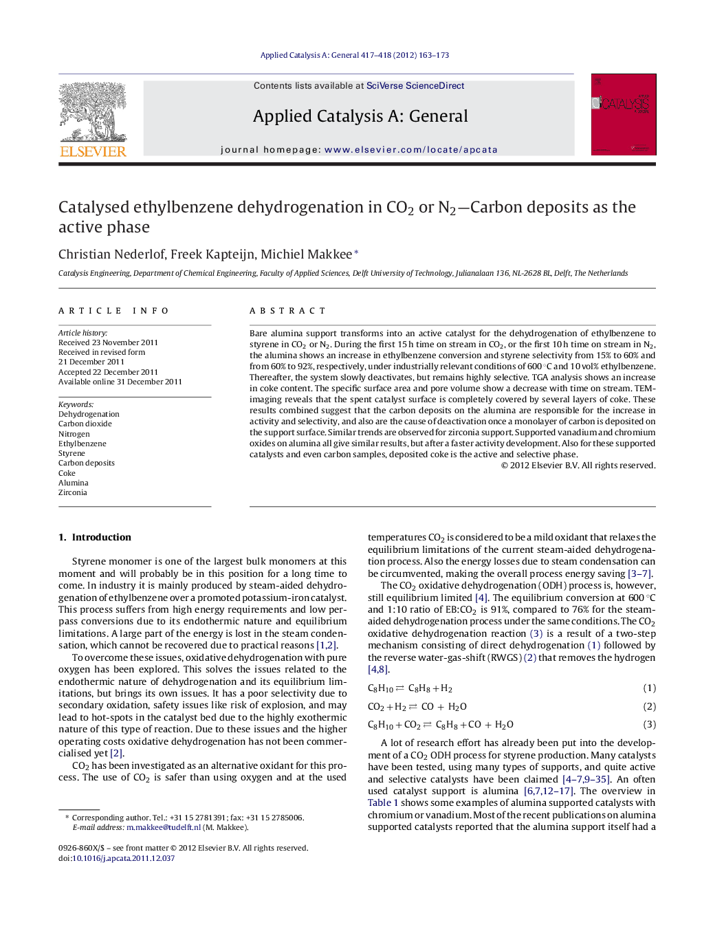 Catalysed ethylbenzene dehydrogenation in CO2 or N2—Carbon deposits as the active phase