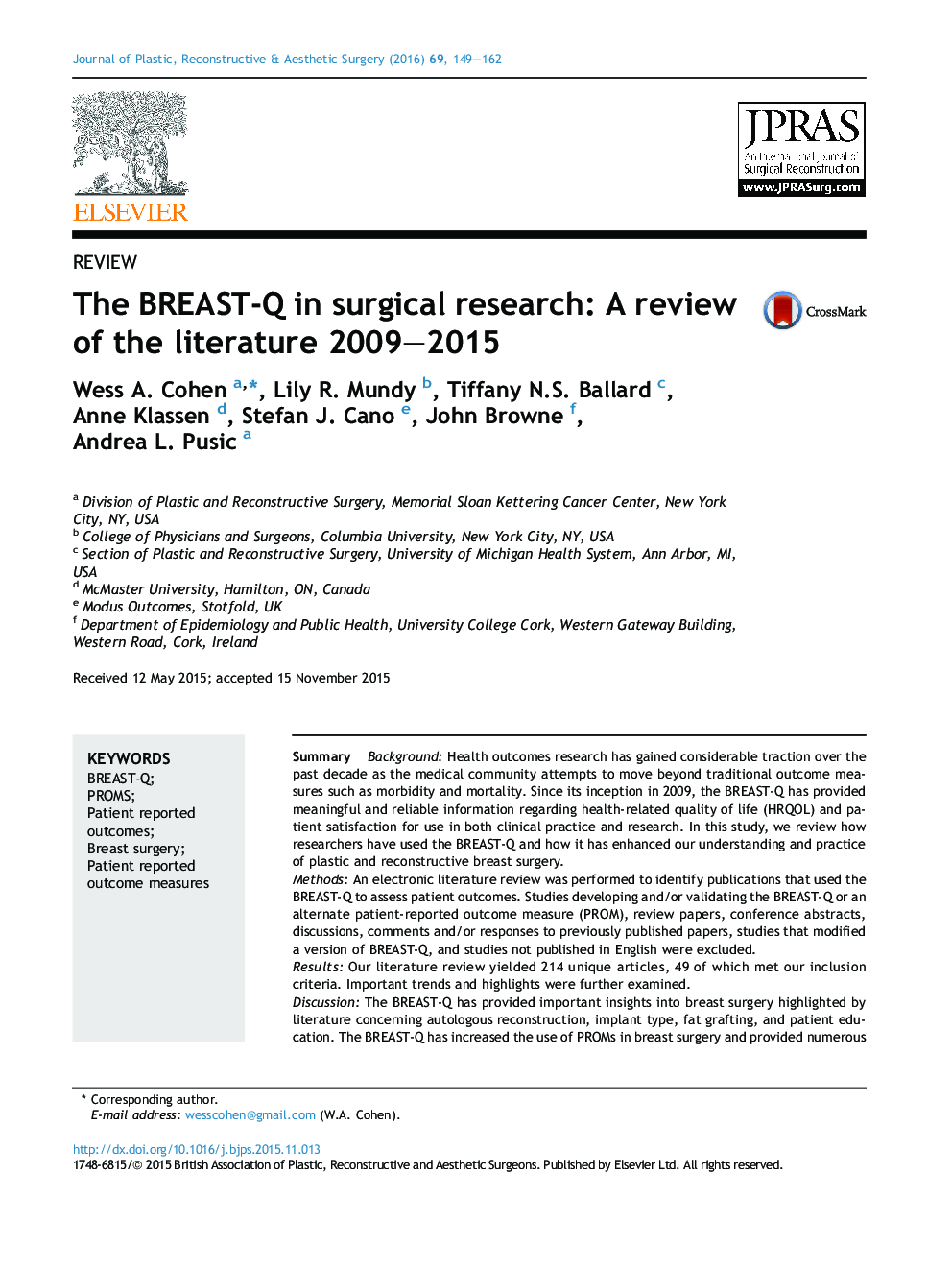 The BREAST-Q in surgical research: A review of the literature 2009–2015
