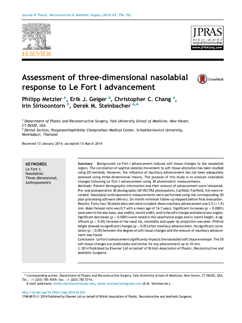 Assessment of three-dimensional nasolabial response to Le Fort I advancement