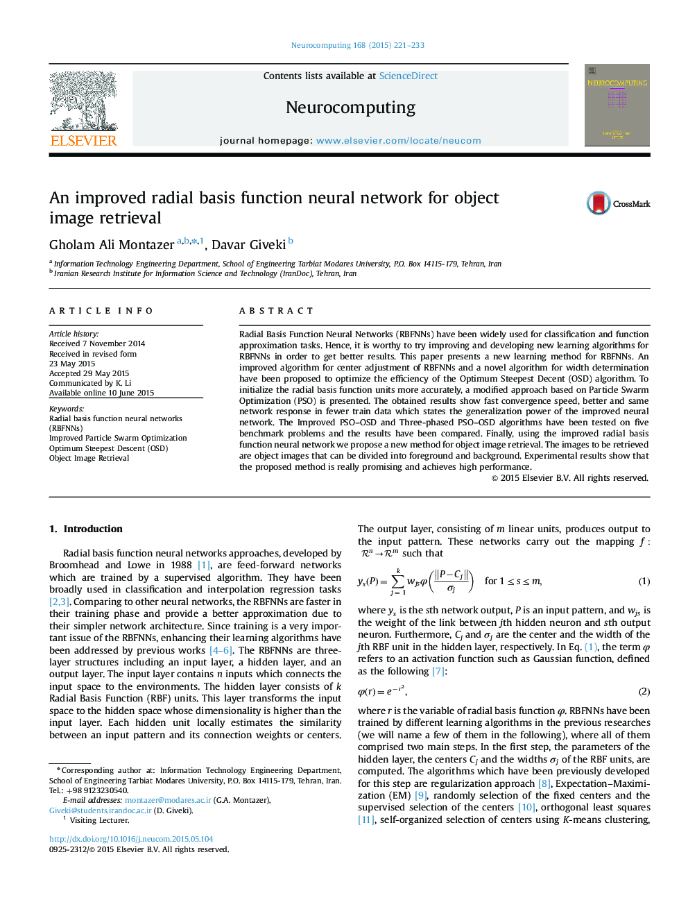 An improved radial basis function neural network for object image retrieval