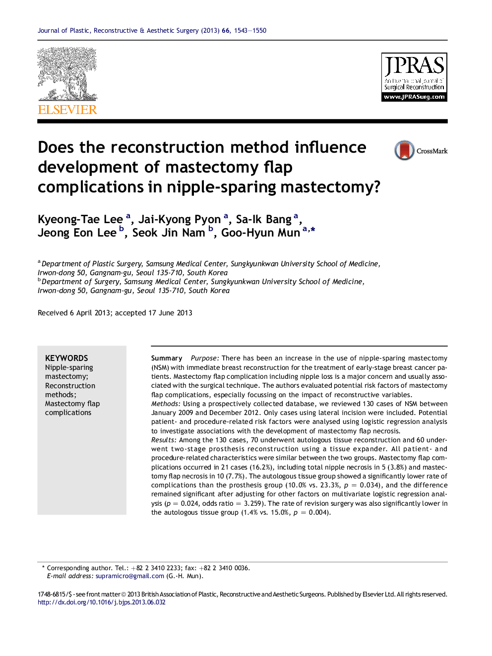 Does the reconstruction method influence development of mastectomy flap complications in nipple-sparing mastectomy?