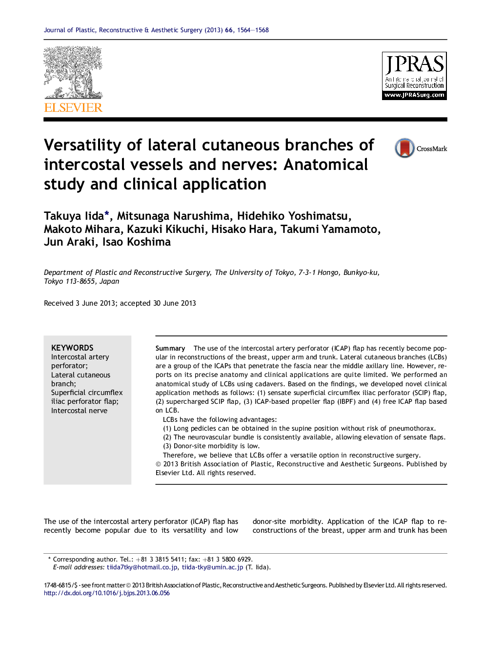 Versatility of lateral cutaneous branches of intercostal vessels and nerves: Anatomical study and clinical application