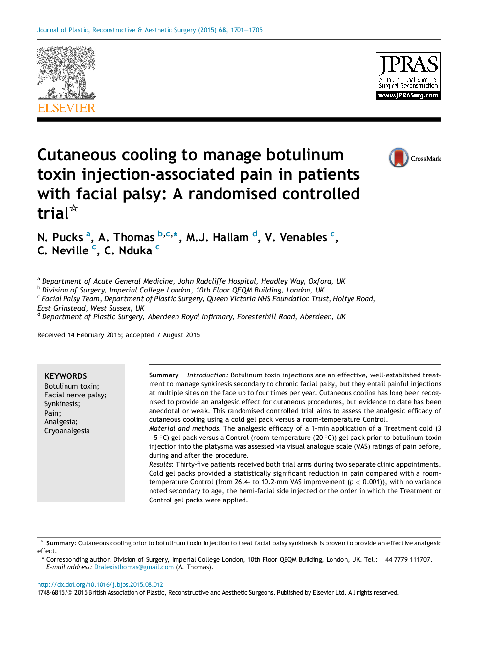 Cutaneous cooling to manage botulinum toxin injection-associated pain in patients with facial palsy: A randomised controlled trial 