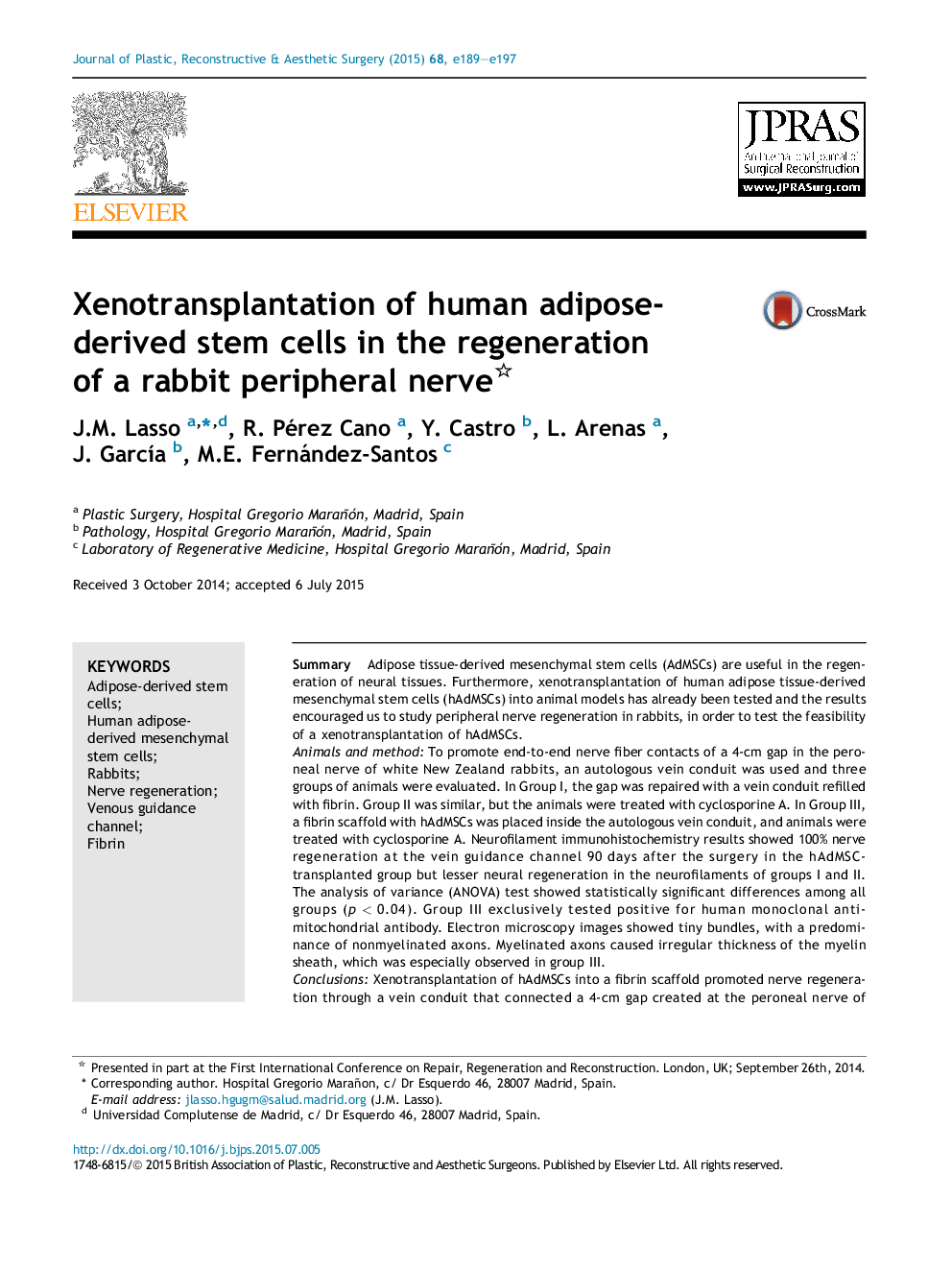 Xenotransplantation of human adipose-derived stem cells in the regeneration of a rabbit peripheral nerve 