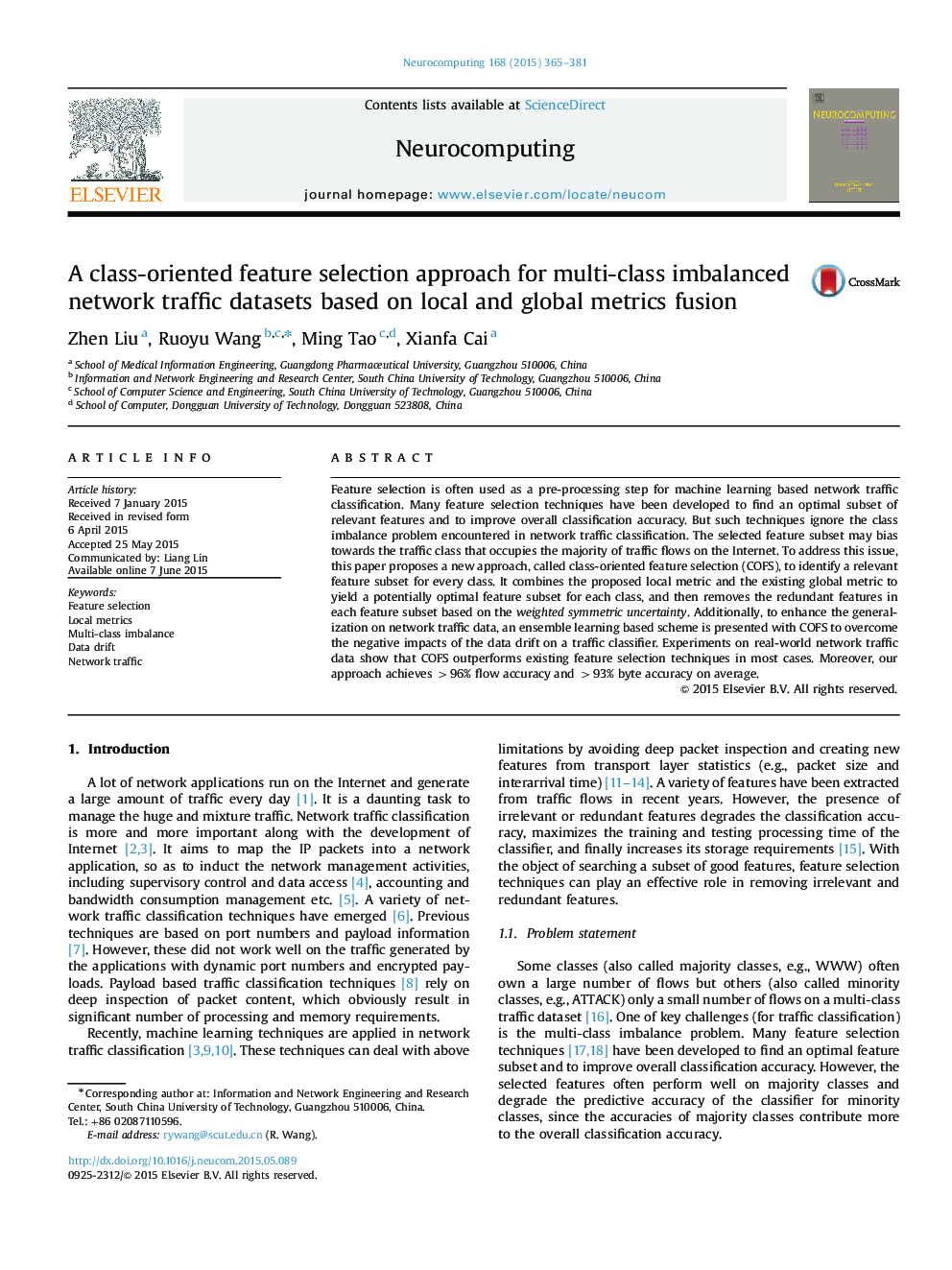 A class-oriented feature selection approach for multi-class imbalanced network traffic datasets based on local and global metrics fusion