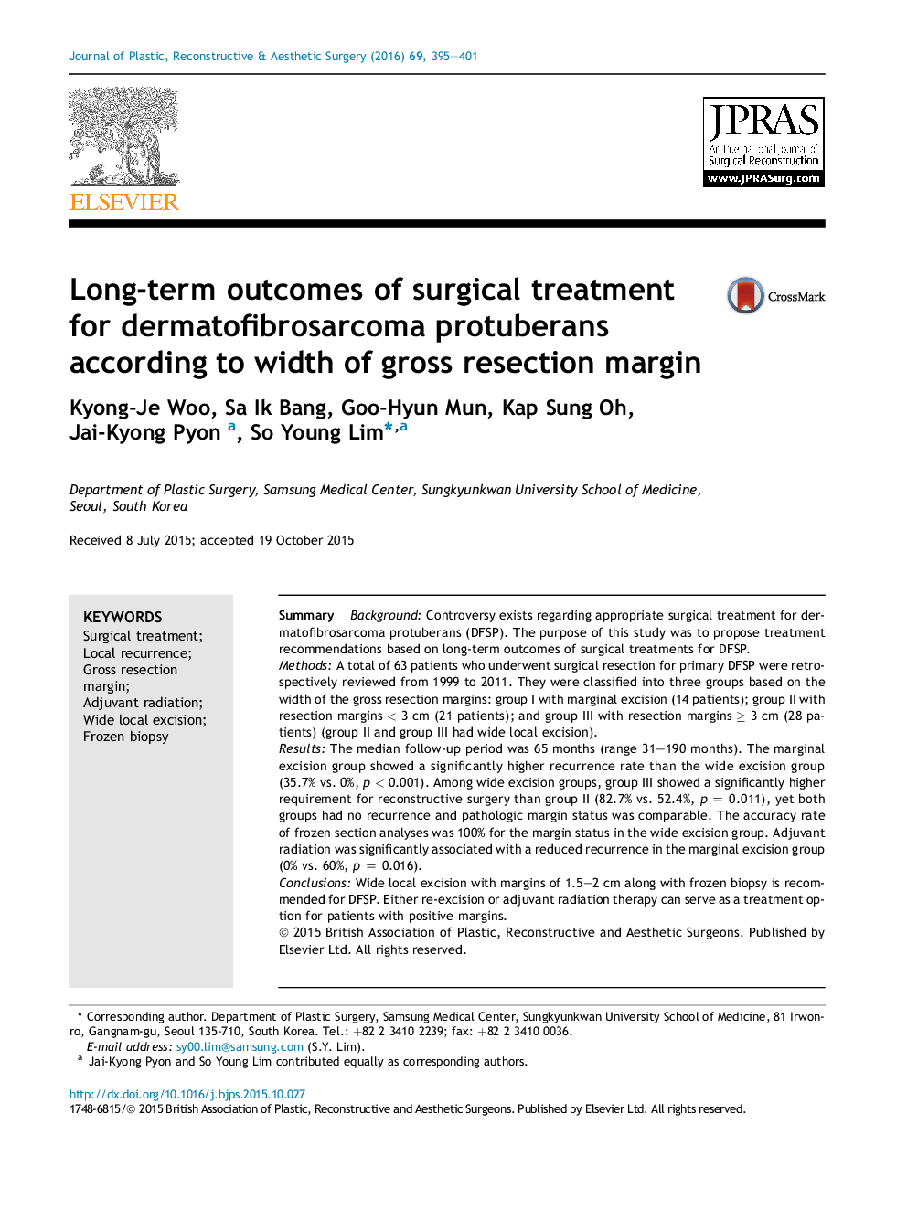 Long-term outcomes of surgical treatment for dermatofibrosarcoma protuberans according to width of gross resection margin