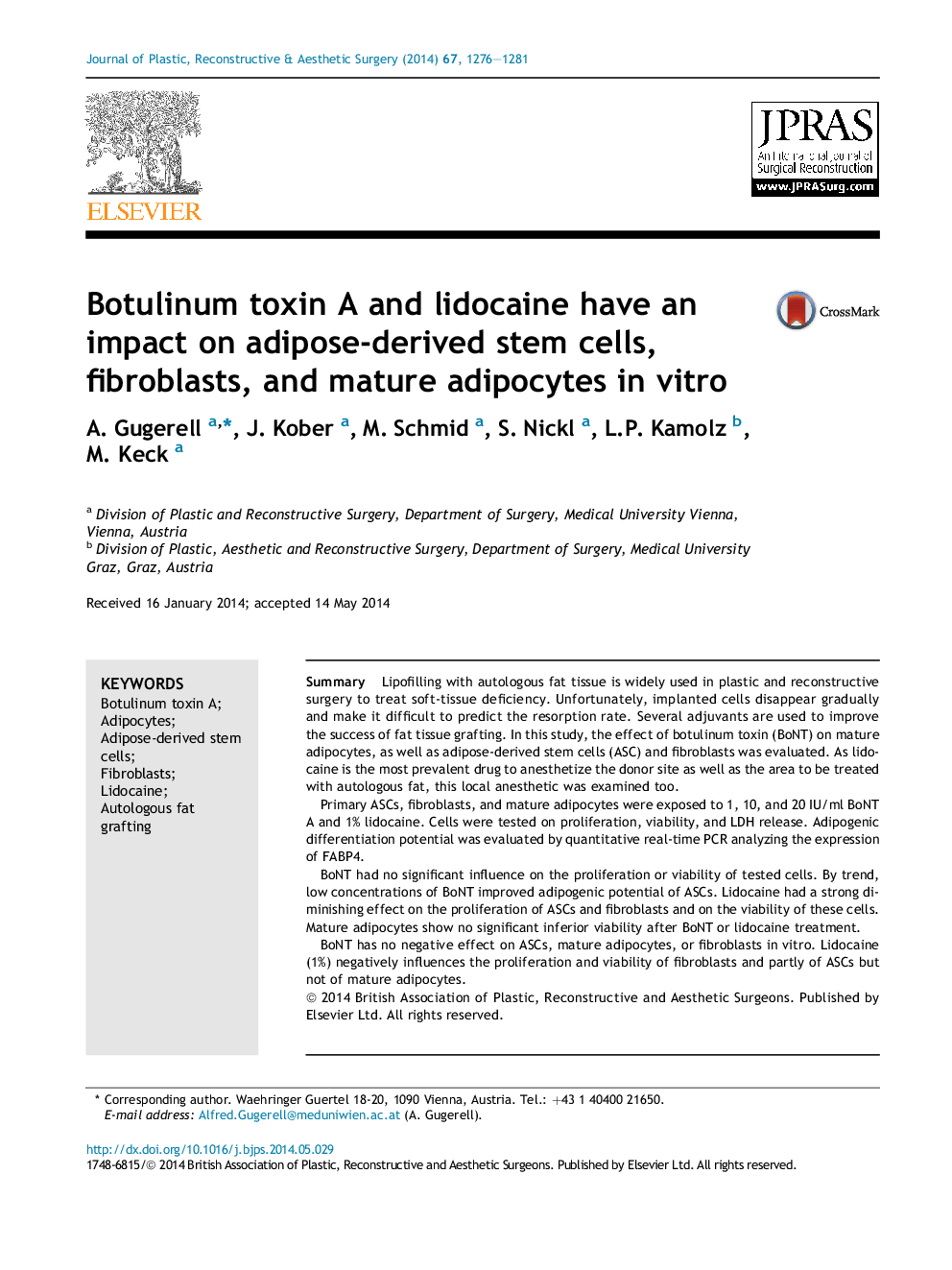 Botulinum toxin A and lidocaine have an impact on adipose-derived stem cells, fibroblasts, and mature adipocytes in vitro