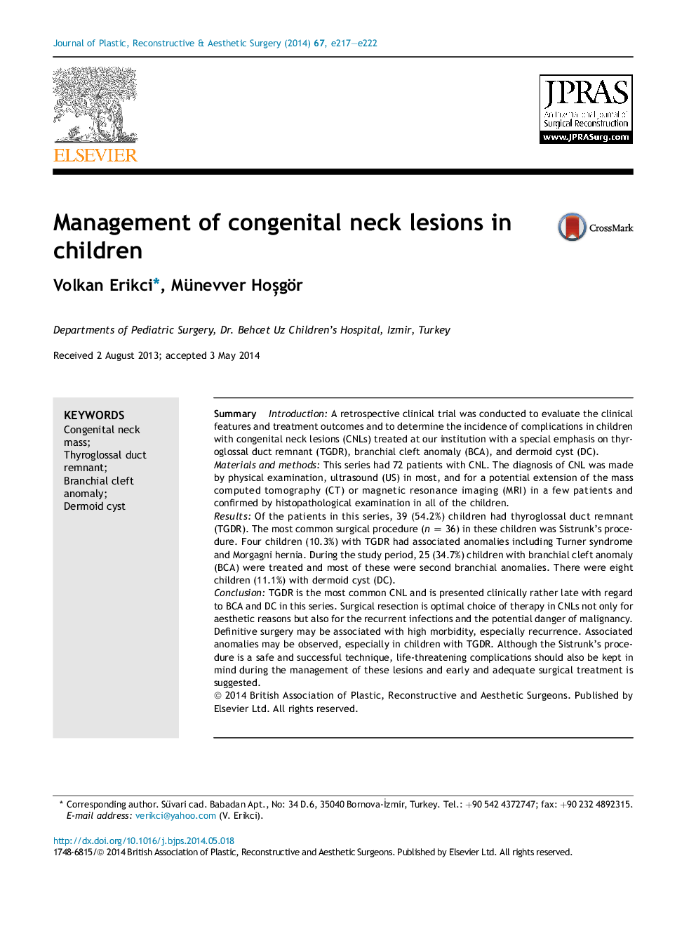 Management of congenital neck lesions in children