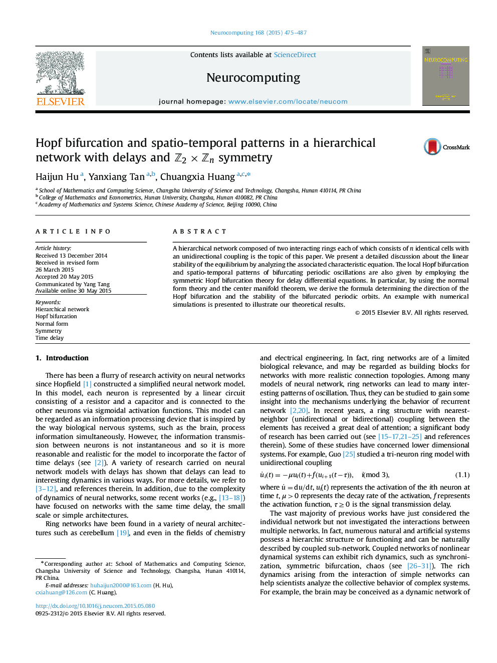 Hopf bifurcation and spatio-temporal patterns in a hierarchical network with delays and Z2×ZnZ2×Zn symmetry