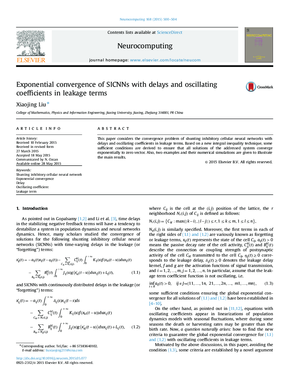Exponential convergence of SICNNs with delays and oscillating coefficients in leakage terms